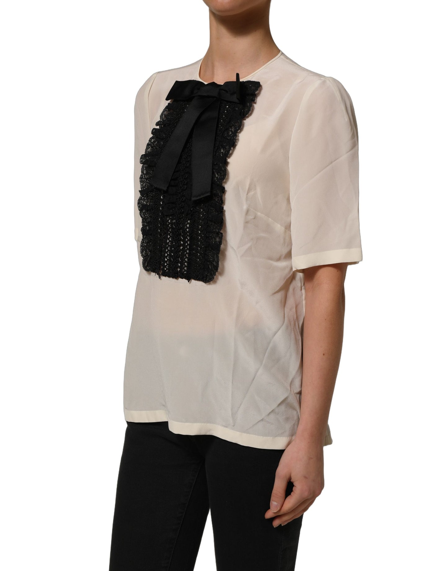 Dolce & Gabbana White Lace Trim Bow Short Sleeves Blouse Top