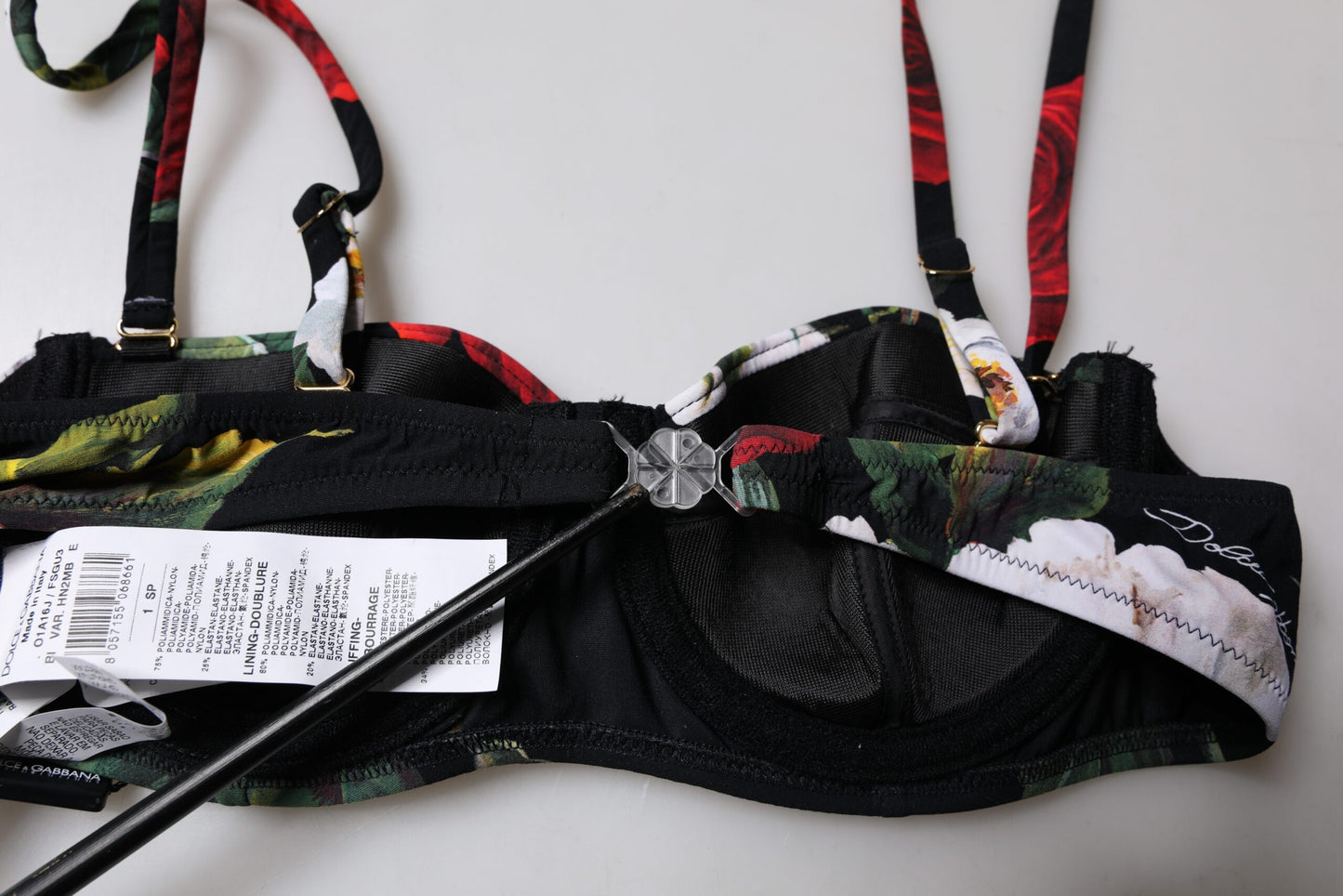 Black Floral Print Nylon Balconcino Bra Underwear