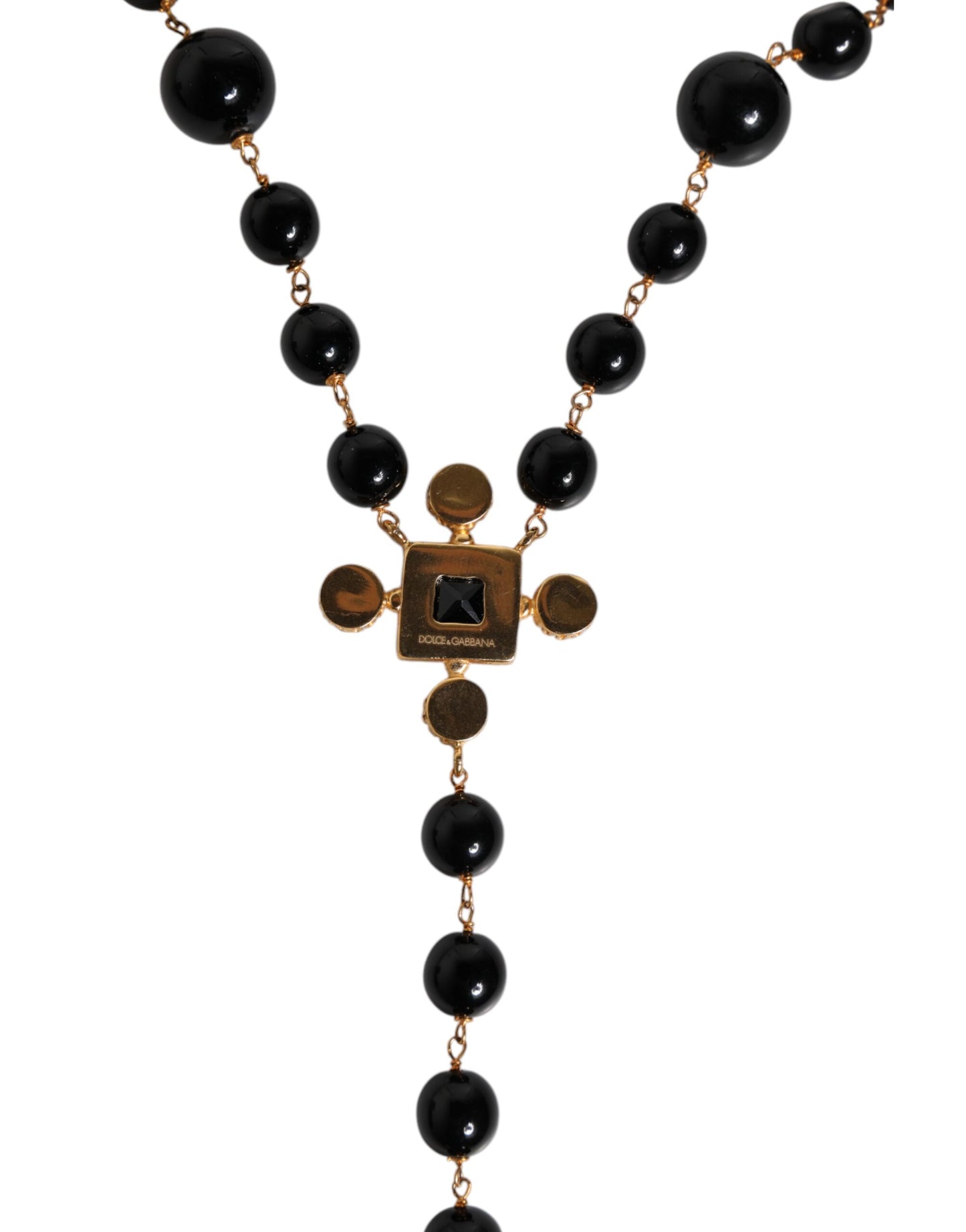 Gold Brass Black Beaded Chain Rosary Pendant Necklace