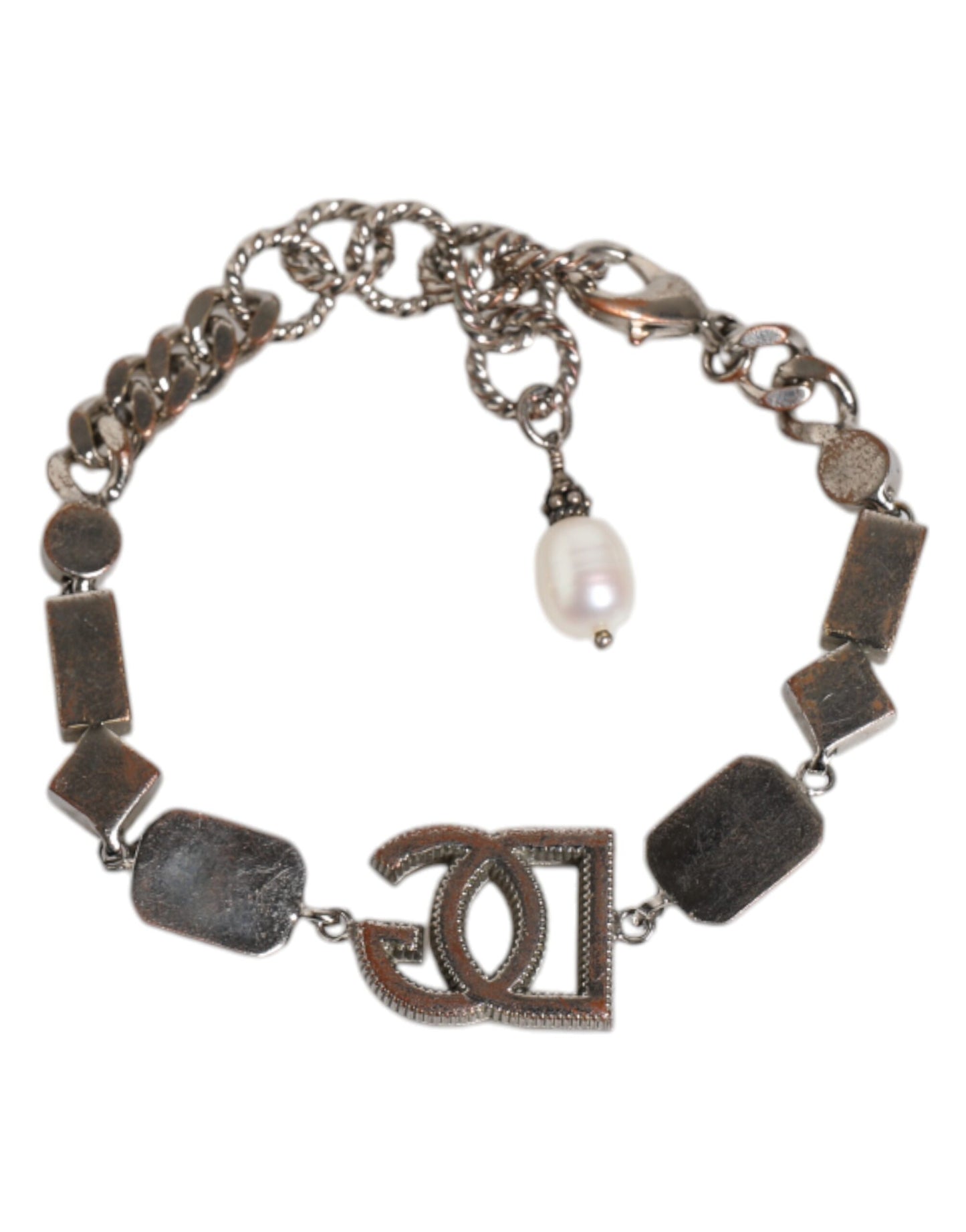 Dolce & Gabbana Silver Brass Crystal DG Logo Charm Embellished Bracelet
