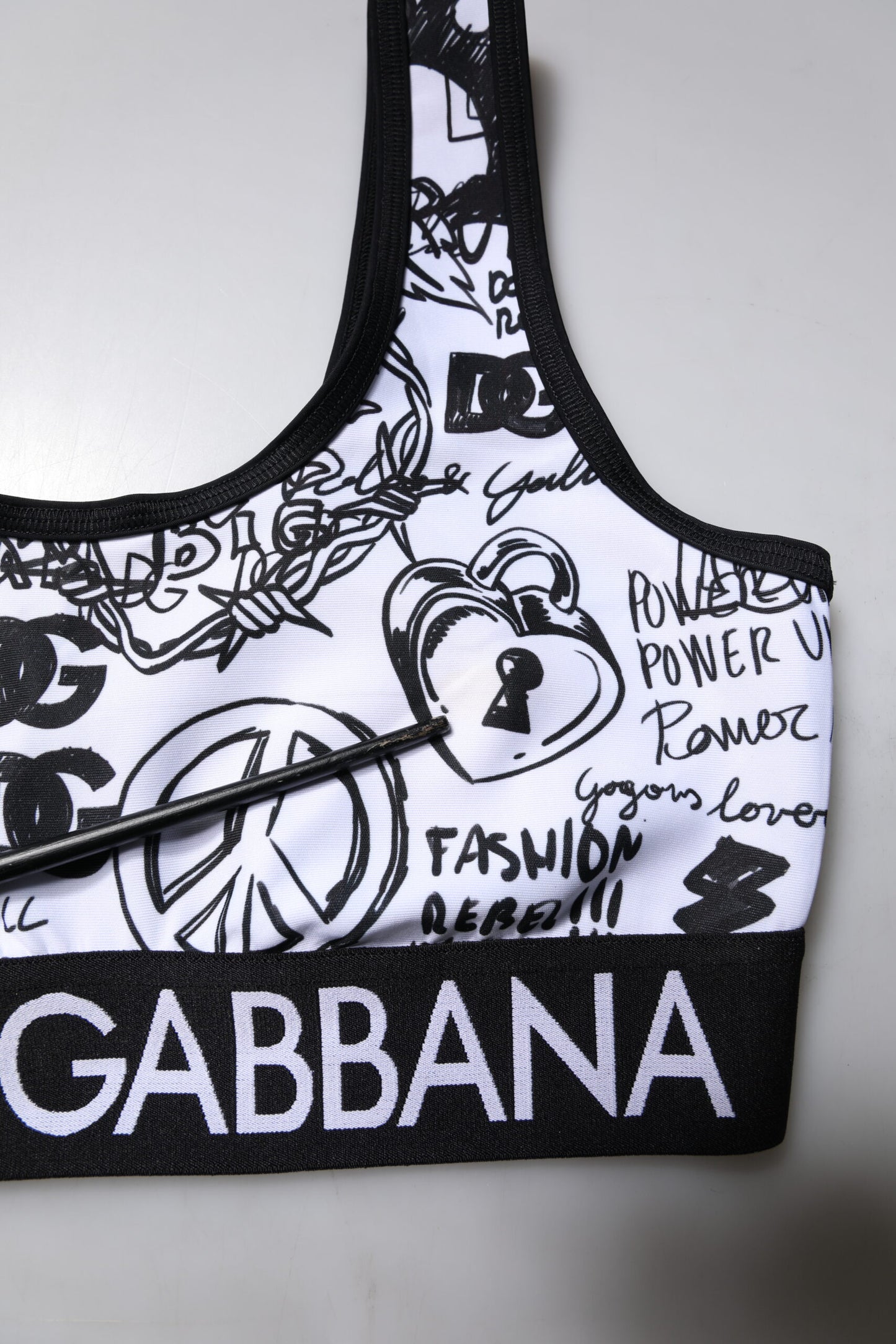 White Graffiti Print Logo Band Sports Bra Top