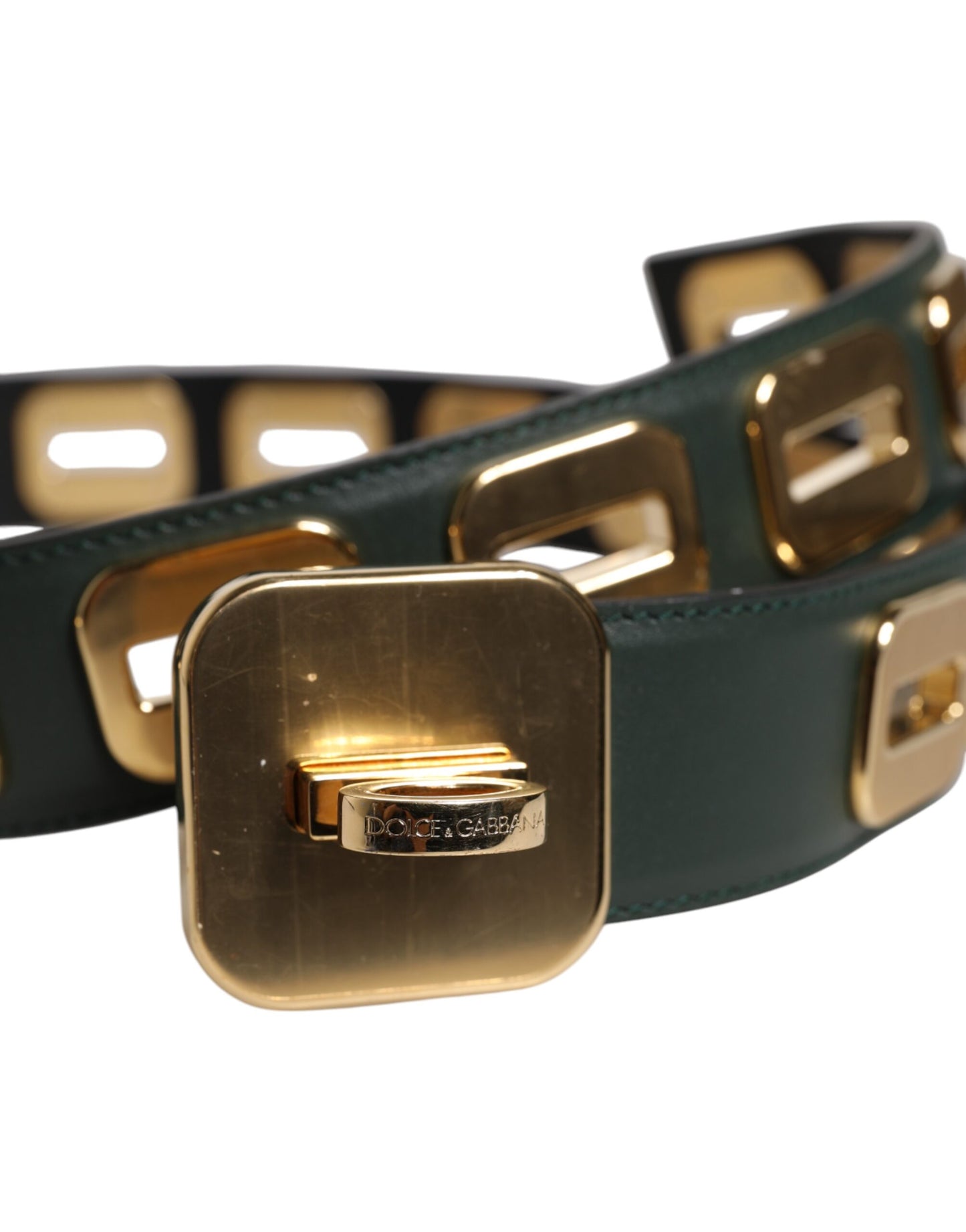 Dolce & Gabbana Green Leather Gold Tone Rotating Buckle Belt