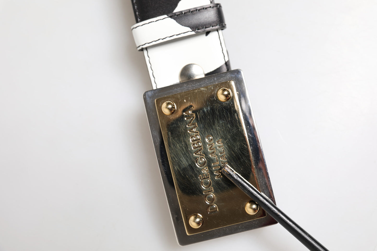 Black White Zebra Gold Metal Logo Buckle Belt