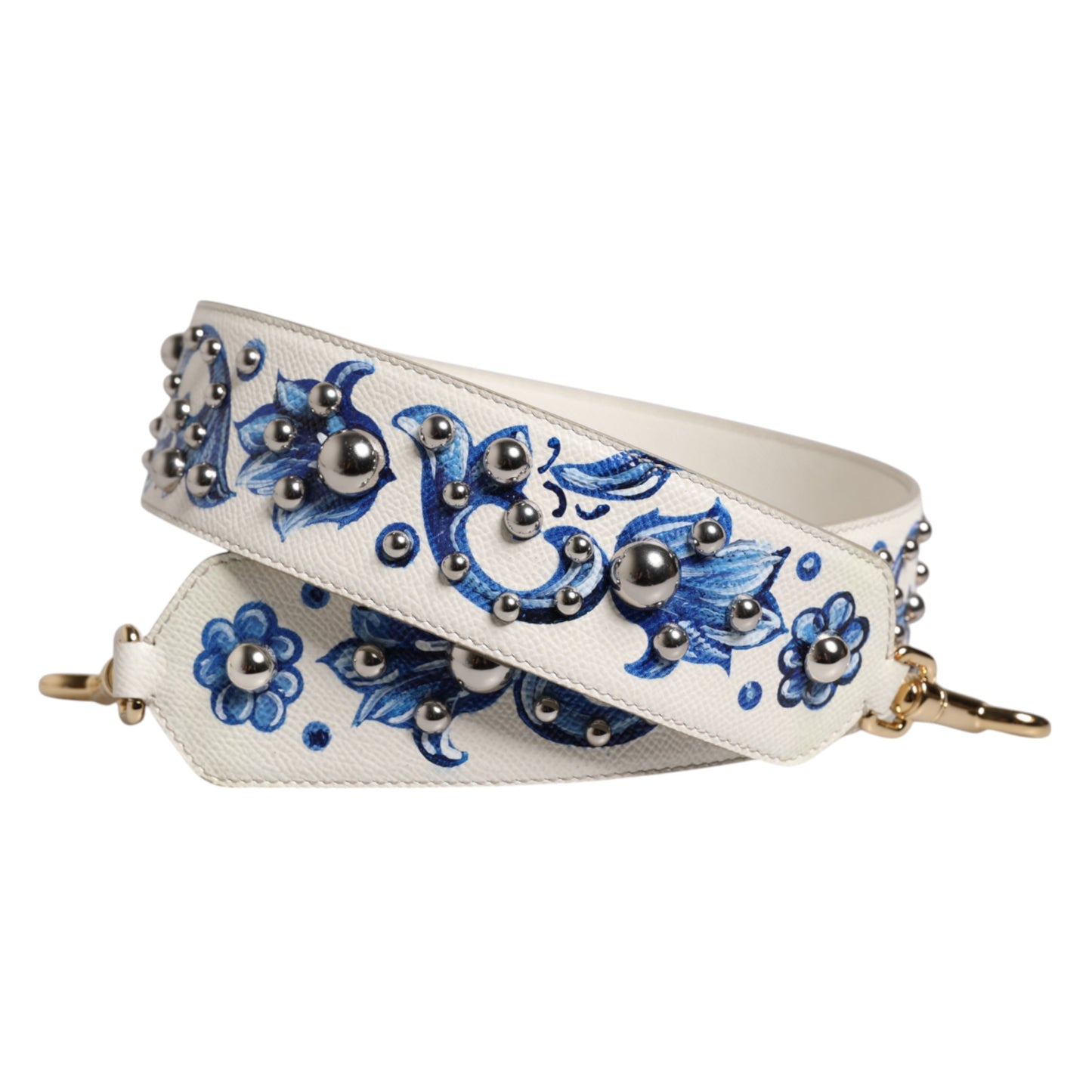 White Blue Floral Leather Stud Accessory Shoulder Strap