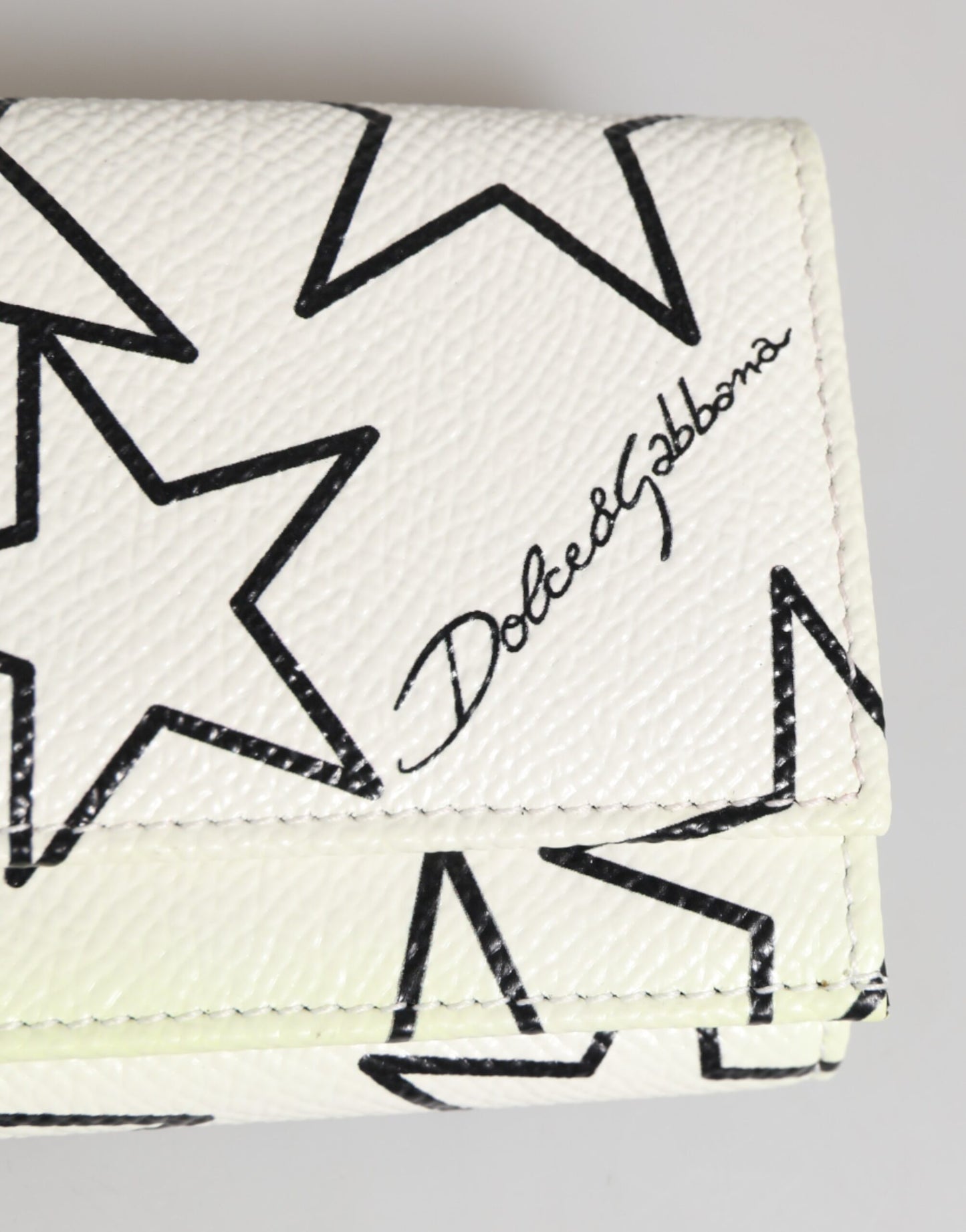 White Leather Black Star Print Trifold Card Holder Wallet