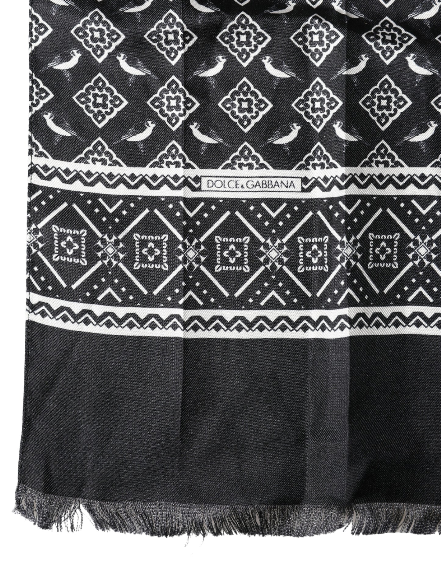Dolce & Gabbana Black Gray Silk Bird Fringe Wrap Foulard 140cm X 23cm Scarf