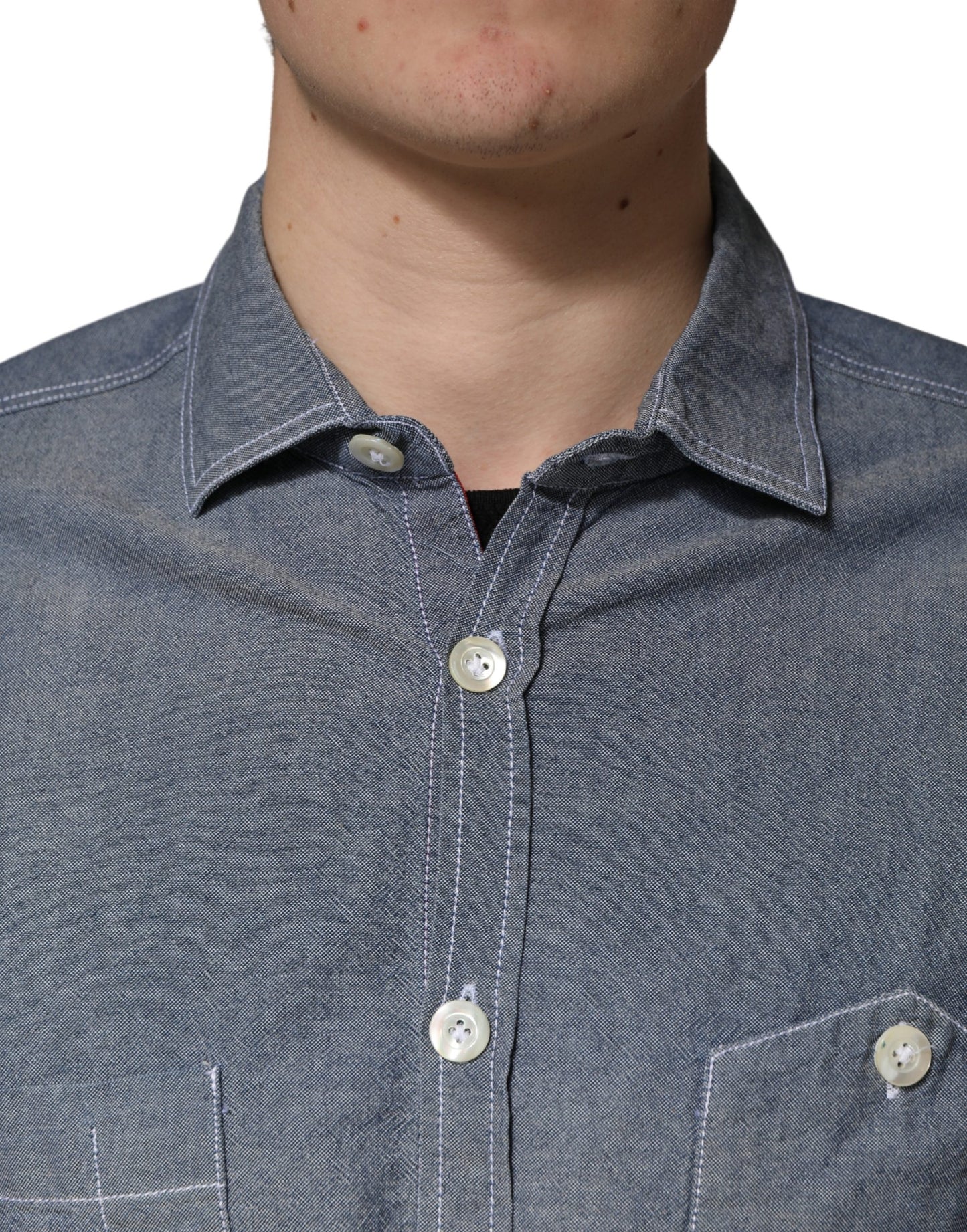 AGLINI Dark Blue Slim Fit Collared Long Sleeve Denim Shirt