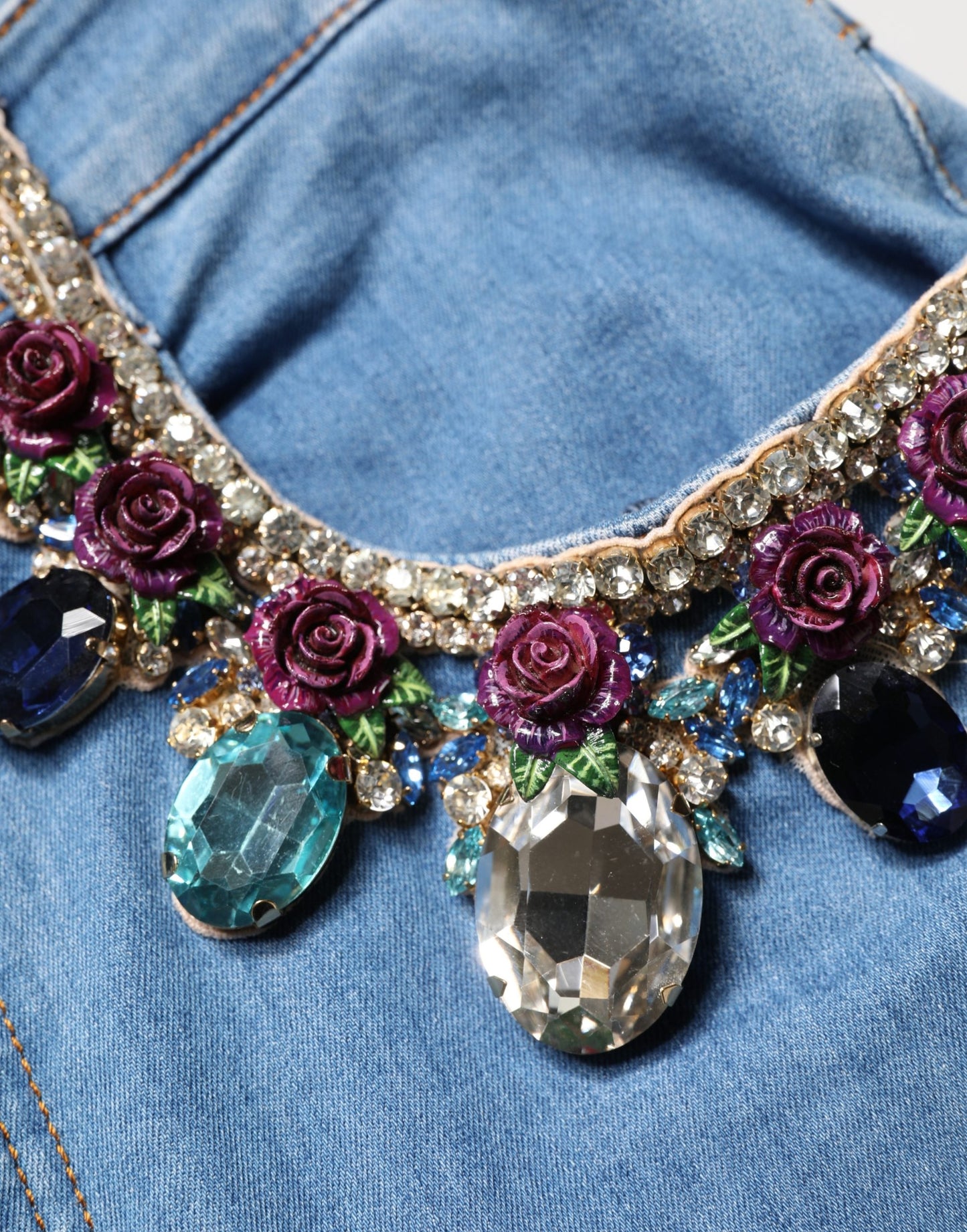 Dolce & Gabbana Blue Embellished Denim Wide-Leg Crop Jeans