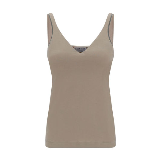 Brunello Cucinelli Beige Cotton Sleeveles T-Shirt