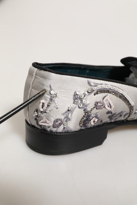 Dolce & Gabbana White Sequined Formal Slip On Loafers Shoes
