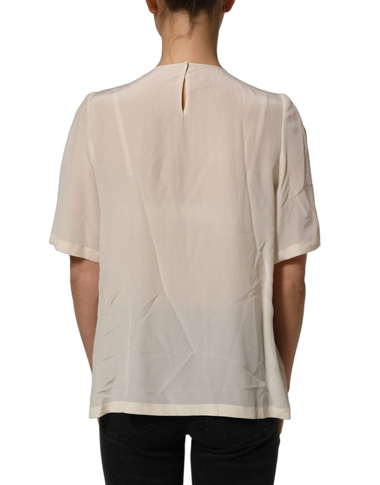Dolce & Gabbana Beige Lace Trim Bow Short Sleeves Blouse Top