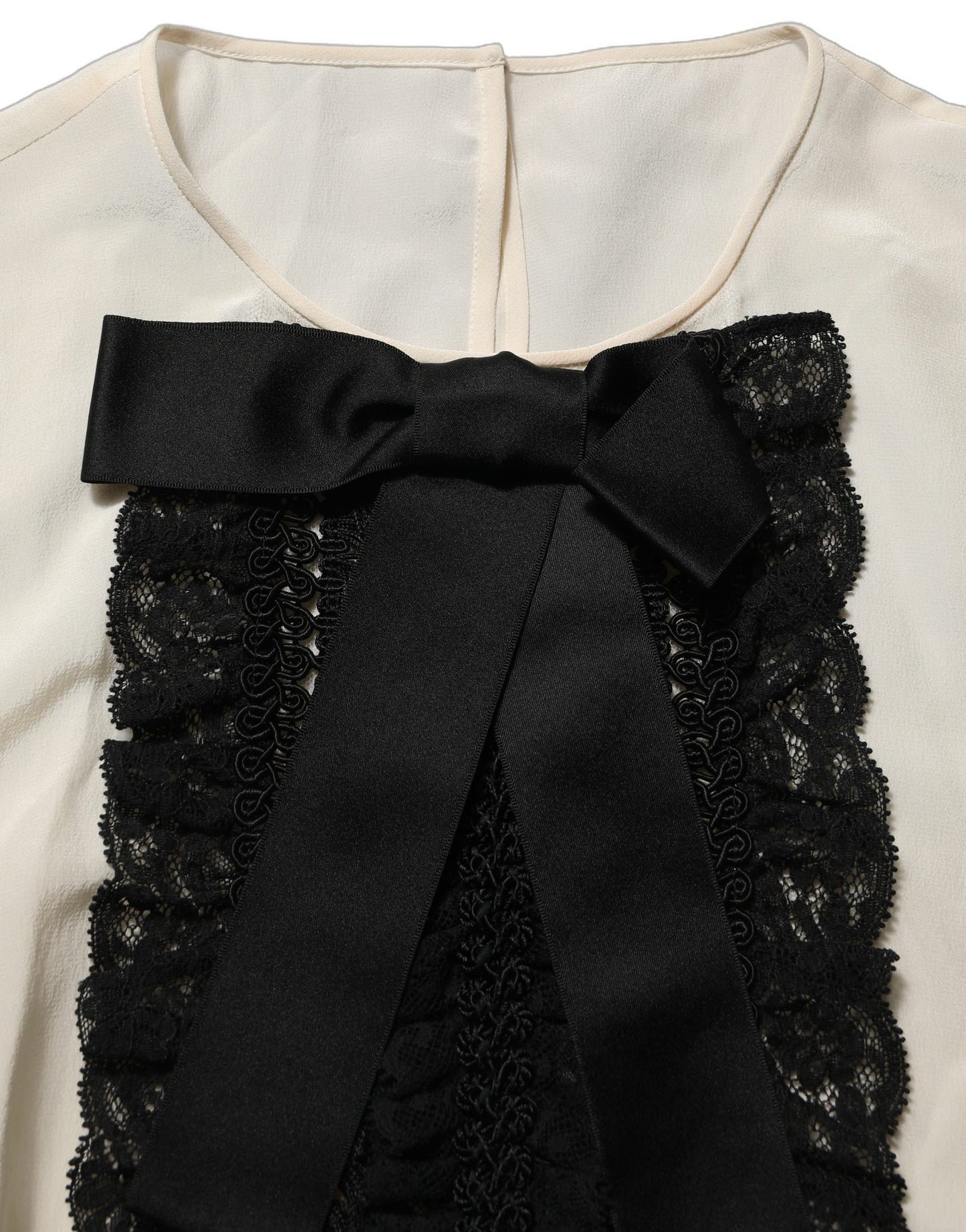 Dolce & Gabbana White Lace Trim Bow Short Sleeves Blouse Top