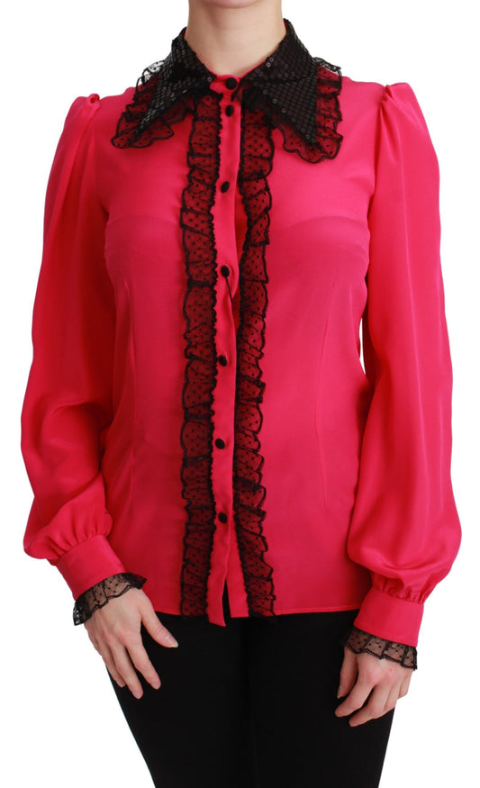Dolce & Gabbana Pink Silk Black Sequin Lace Shirt Blouse