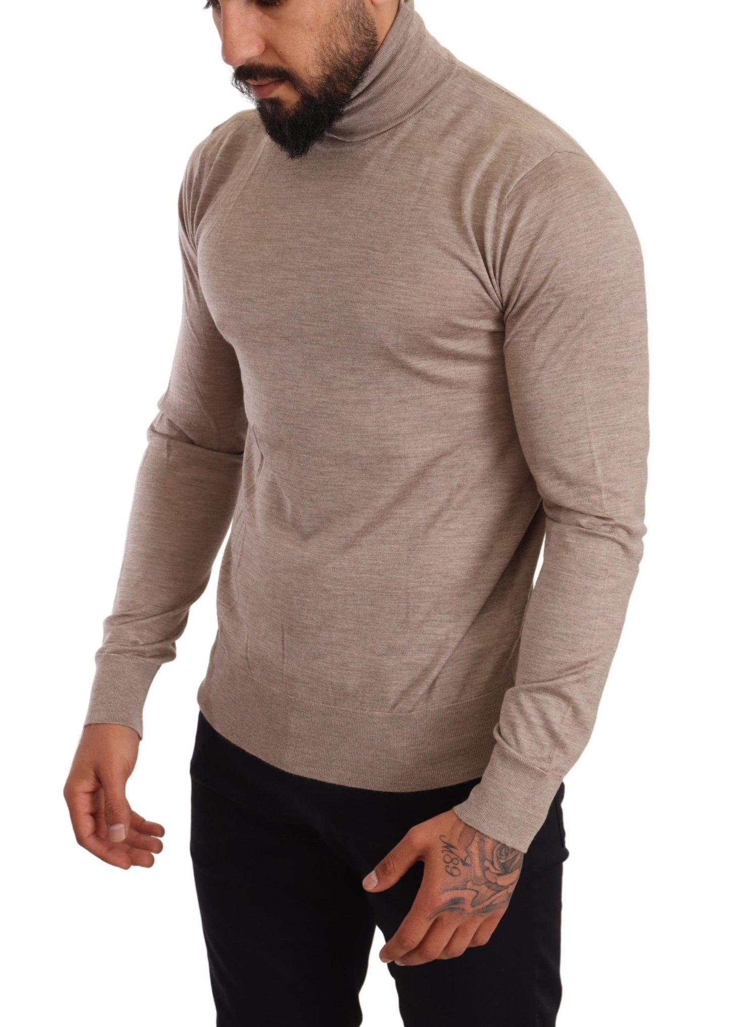 Beige Cashmere Turtleneck Pullover Sweater