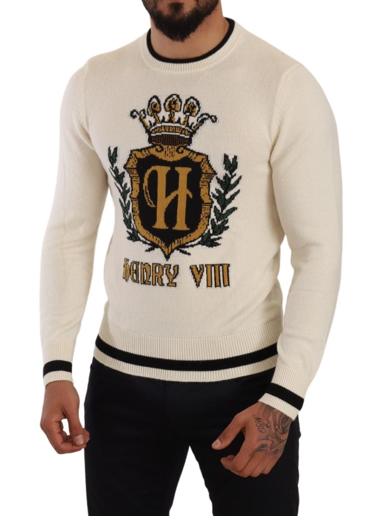 Dolce & Gabbana White Heraldic Cashmere Pullover Sweater