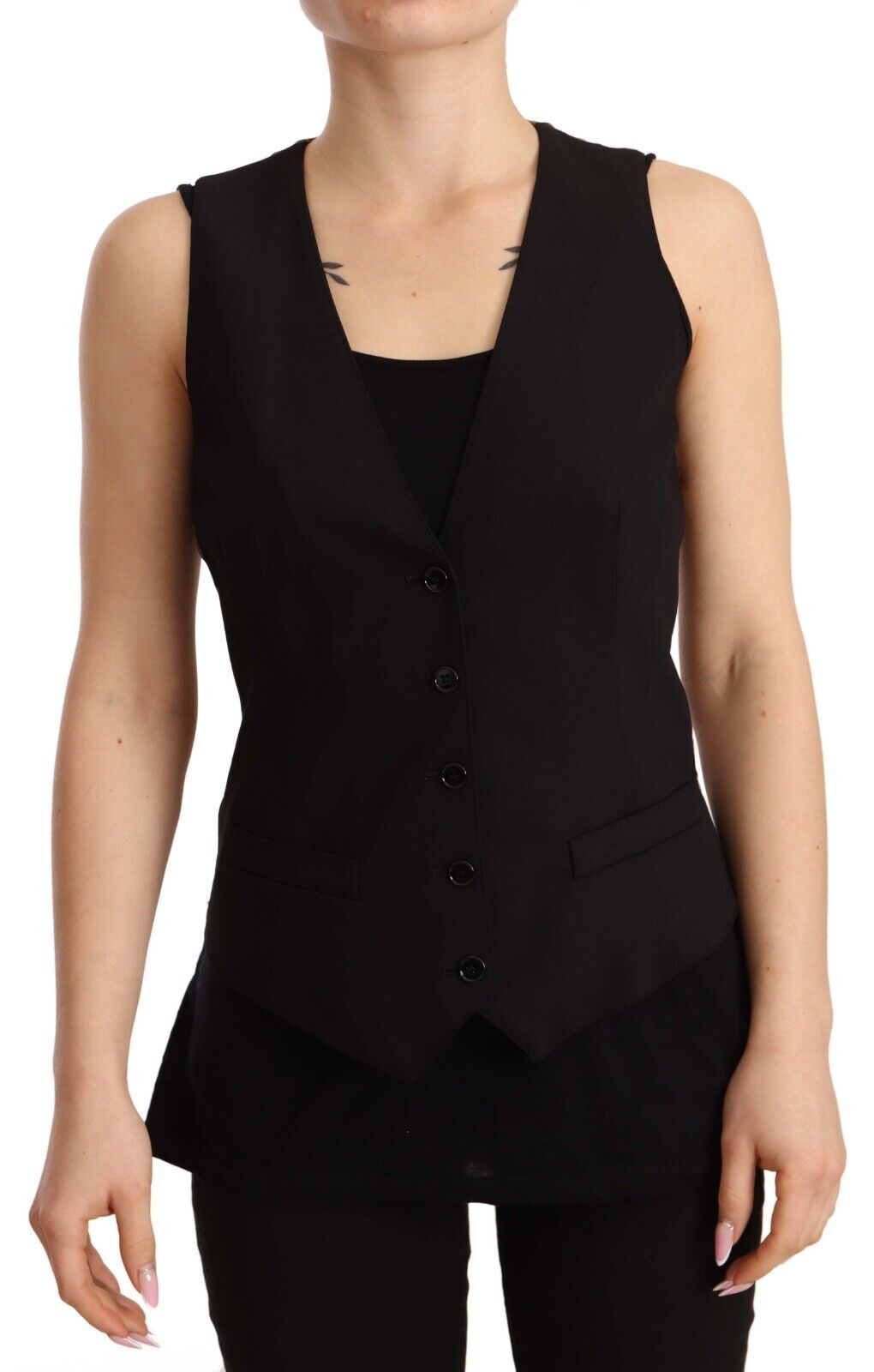 Black Button Down Sleeveless Vest Wool Top