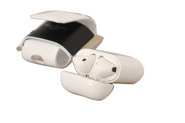 White Black Leather Strap Silver Metal Logo Airpods Case