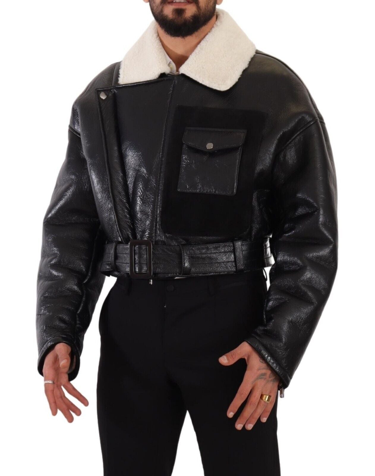 Dolce & Gabbana Black Leather Shearling Biker Coat Jacket