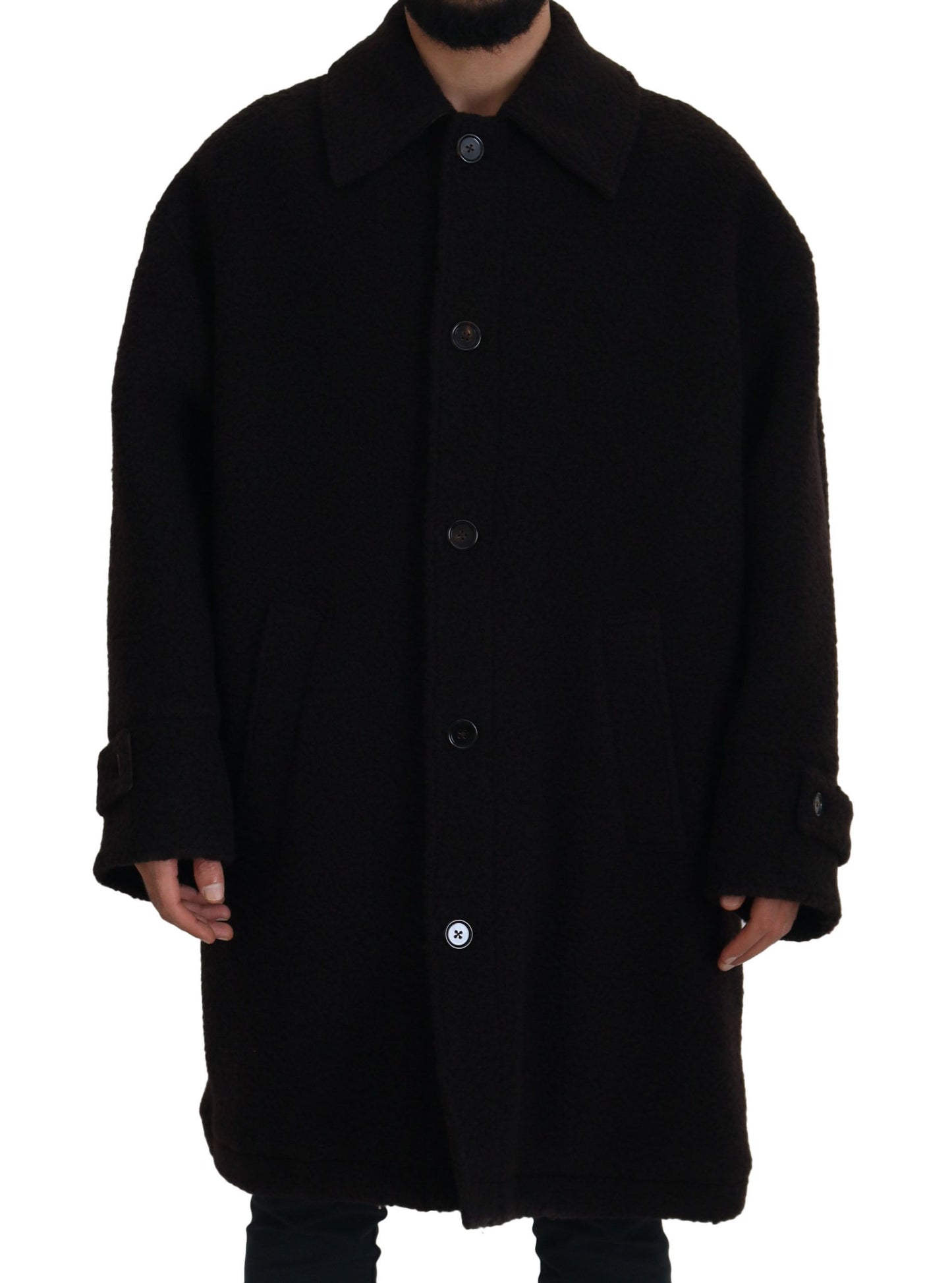 Black Alpaca Button Down Trench Coat Jacket