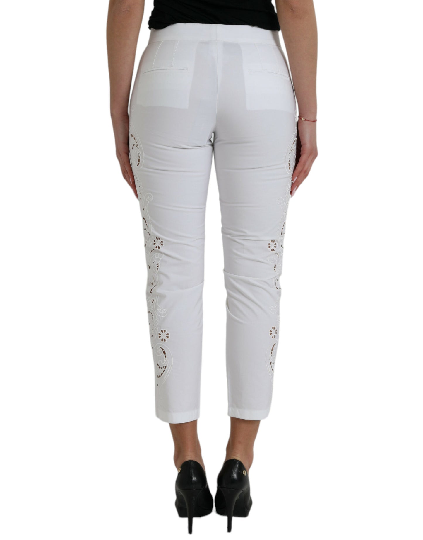 Dolce & Gabbana White Cut Out Cotton Mid Waist Cropped Pants