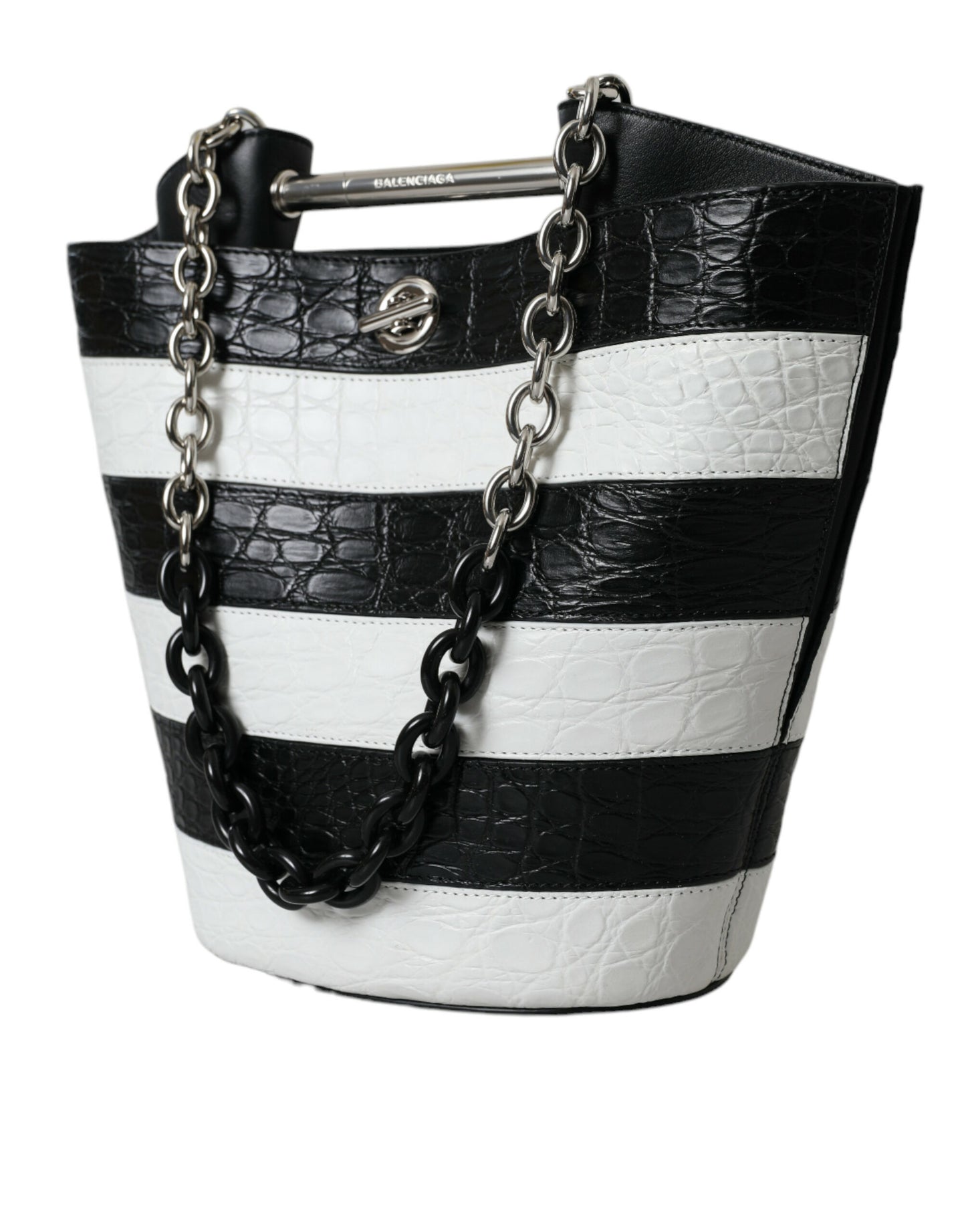 Black White Striped Exotic Skin Leather Maxi Bucket Tote Bag