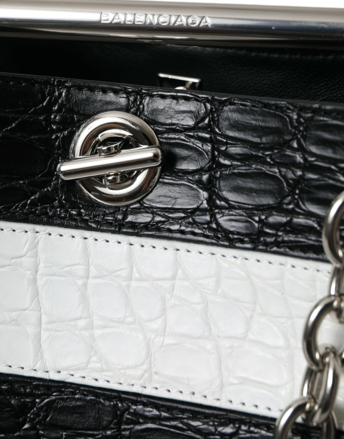 Black White Striped Exotic Skin Leather Maxi Bucket Tote Bag