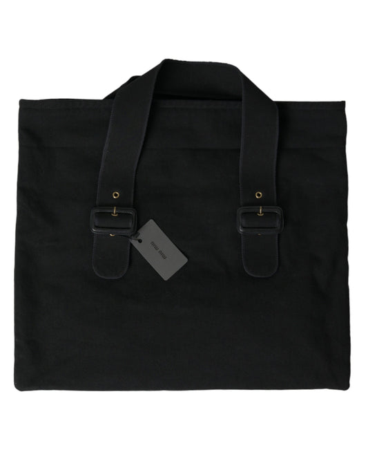 Black Canvas Denim Logo Shoulder Tote Shopping Bag