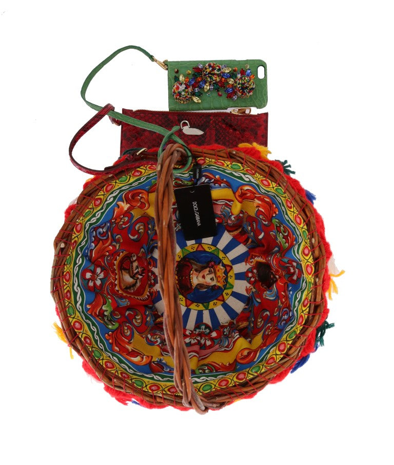 Dolce & Gabbana Multicolor AGNESE Straw Crystal  Pom Pom Bag