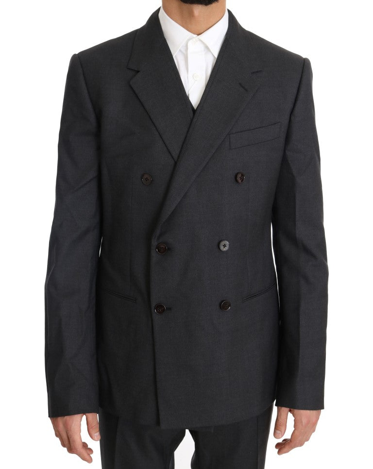 Gray Wool Silk Double Breasted Slim Suit