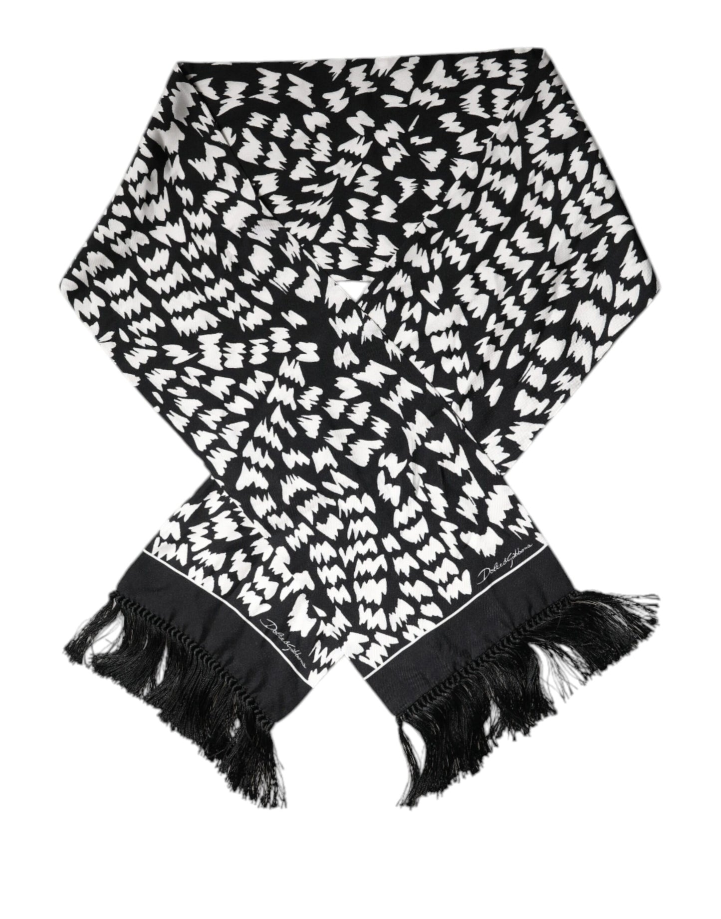 Dolce & Gabbana Black White Patterned Fringes Shawl Scarf