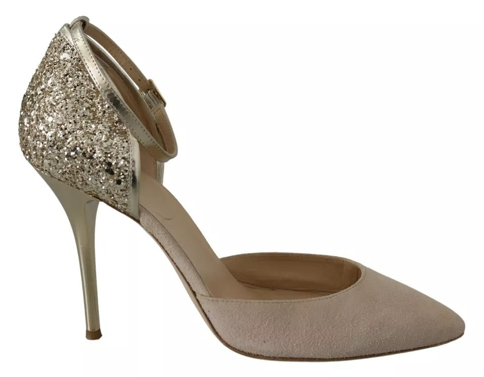 Elisabetta Franchi Beige Linen Ankle Strap High Heels Shoes