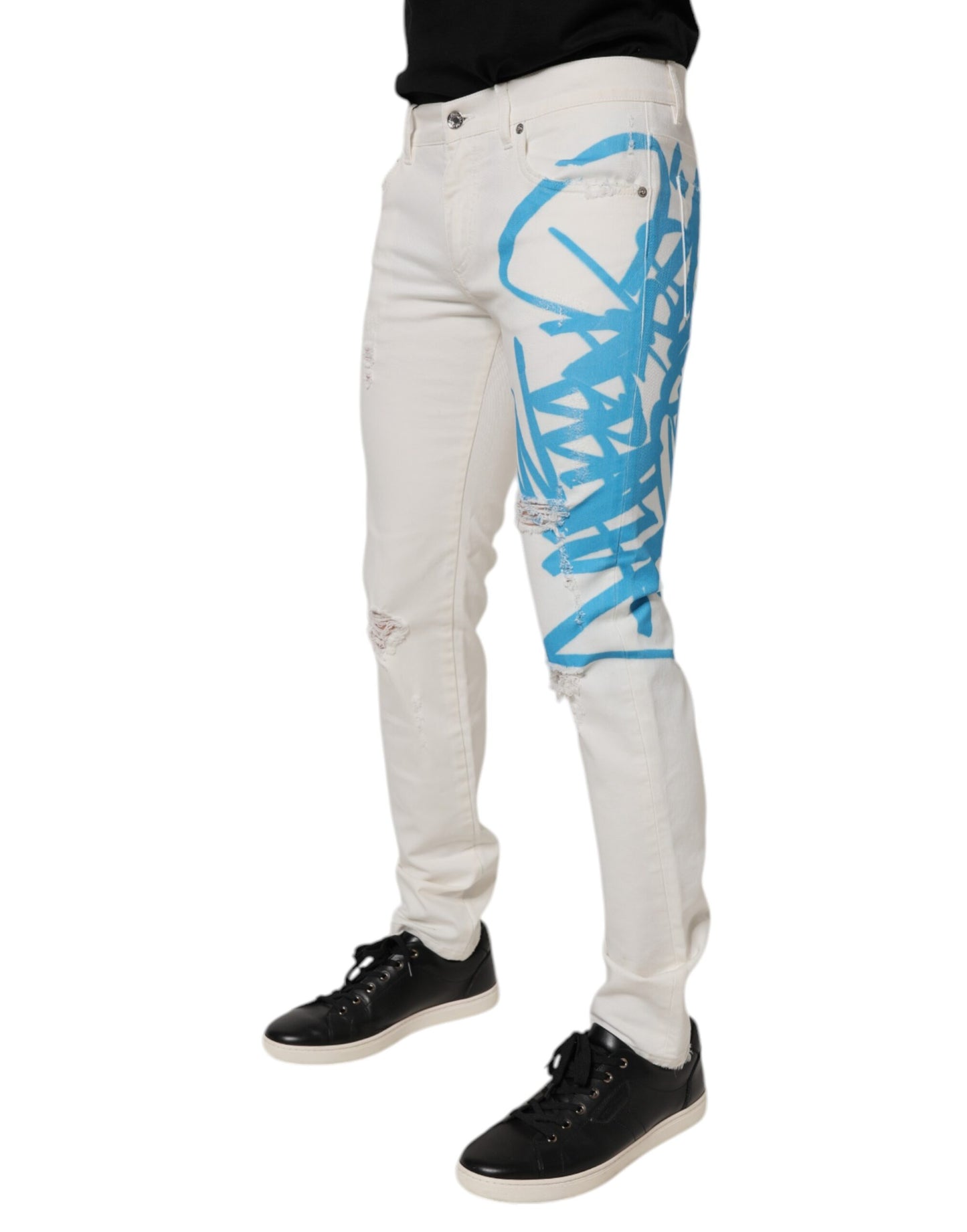 White Tattered Graffiti Skinny Denim Jeans
