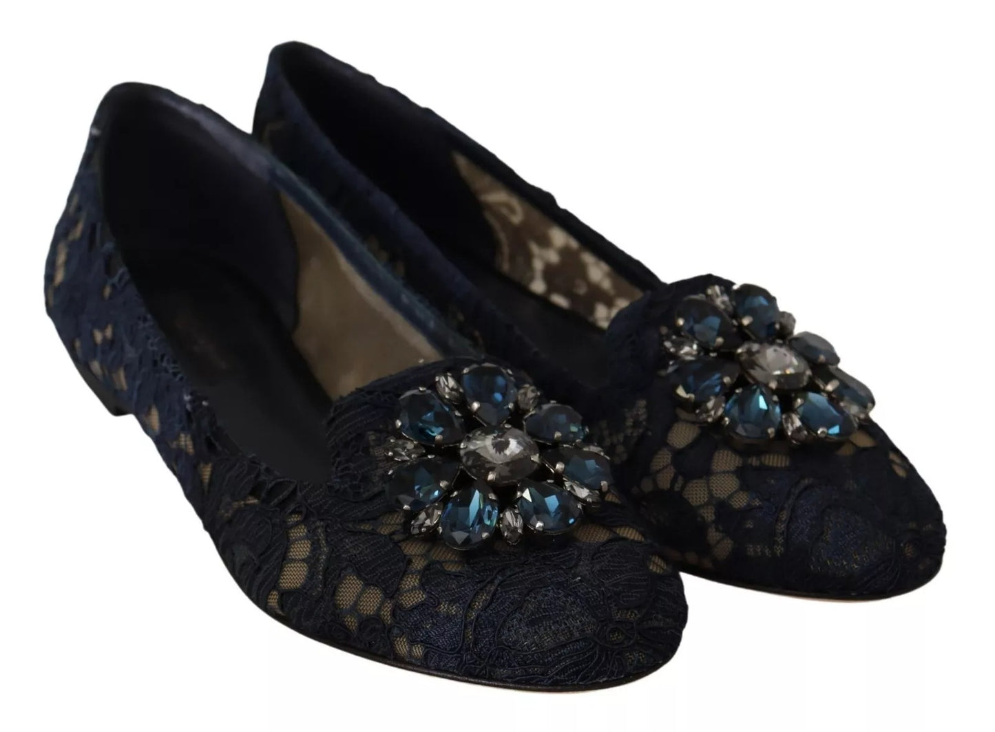 Dolce & Gabbana Blue Crystal Loafer Lace Ballet Flats Shoes