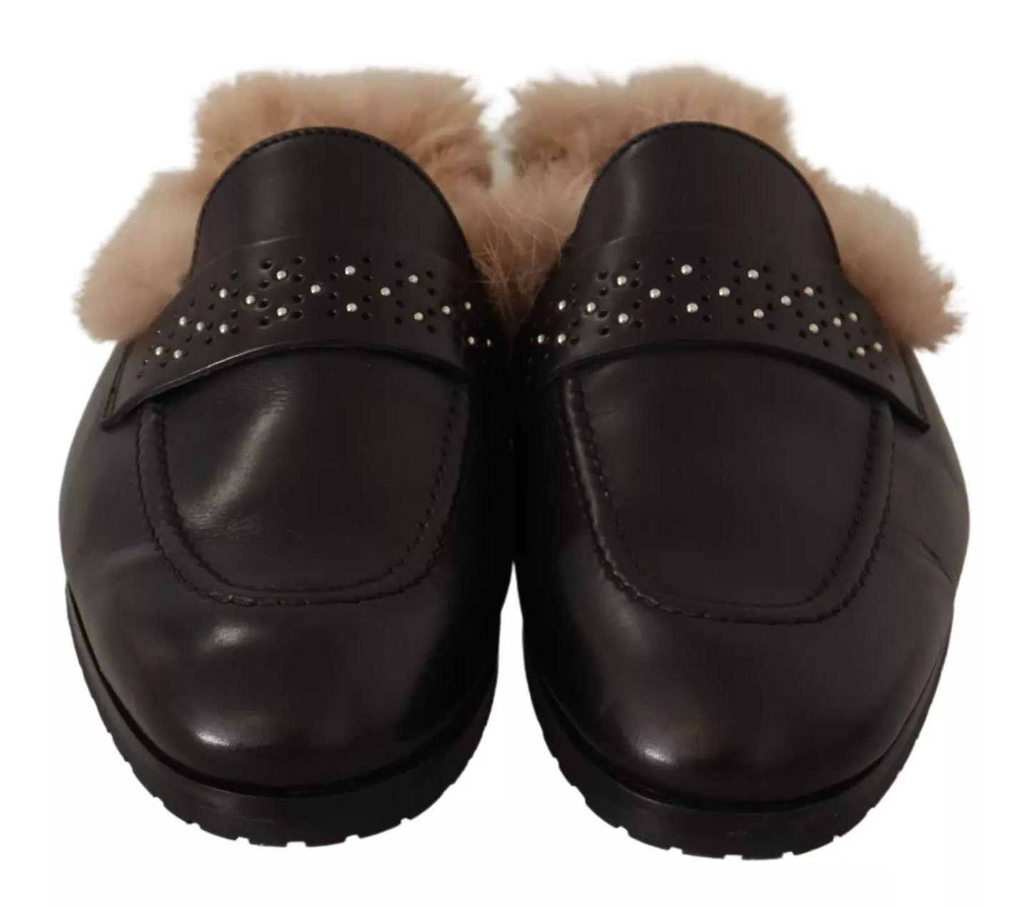 Peserico Black Leather Fur Perforated Slip On Flats Shoes