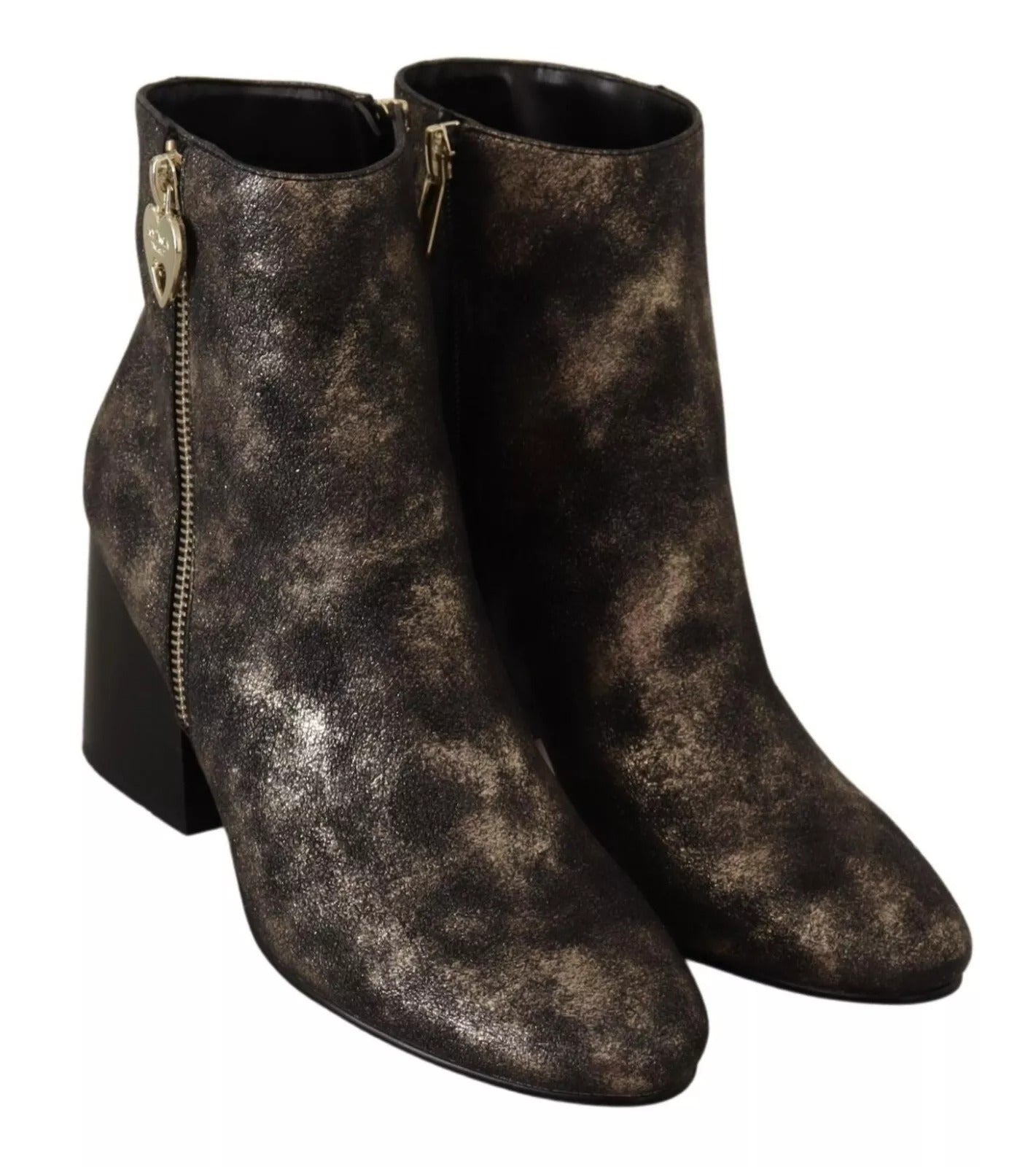 MY TWIN Black Leather Block Heels Ankle Boots Zipper Shoes