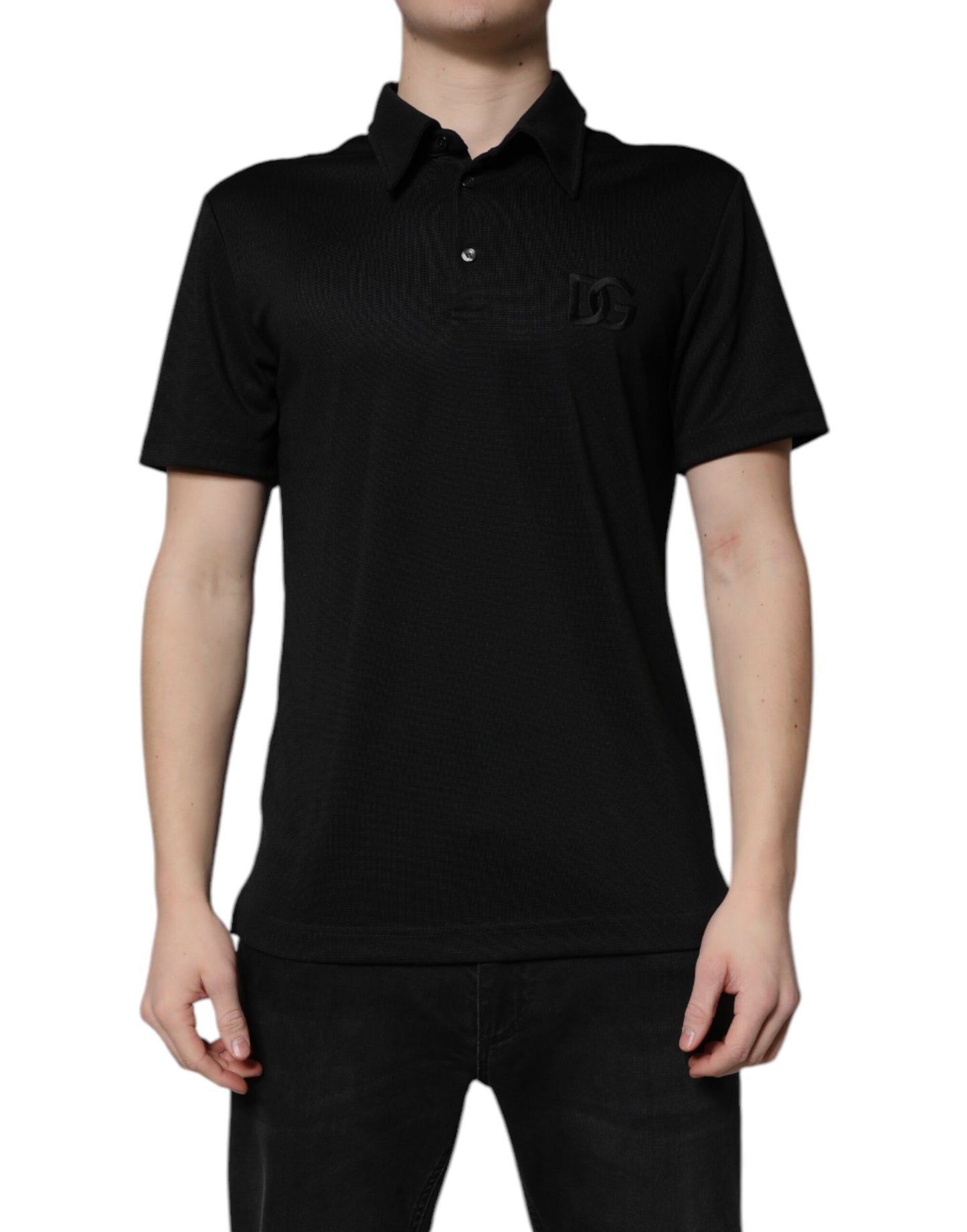 Black Polyester DG Logo Collared Polo T-shirt