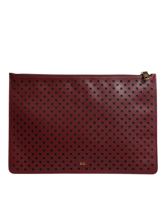 Burgundy Black Logo Embellished Men Zip Flat Pouch Bag