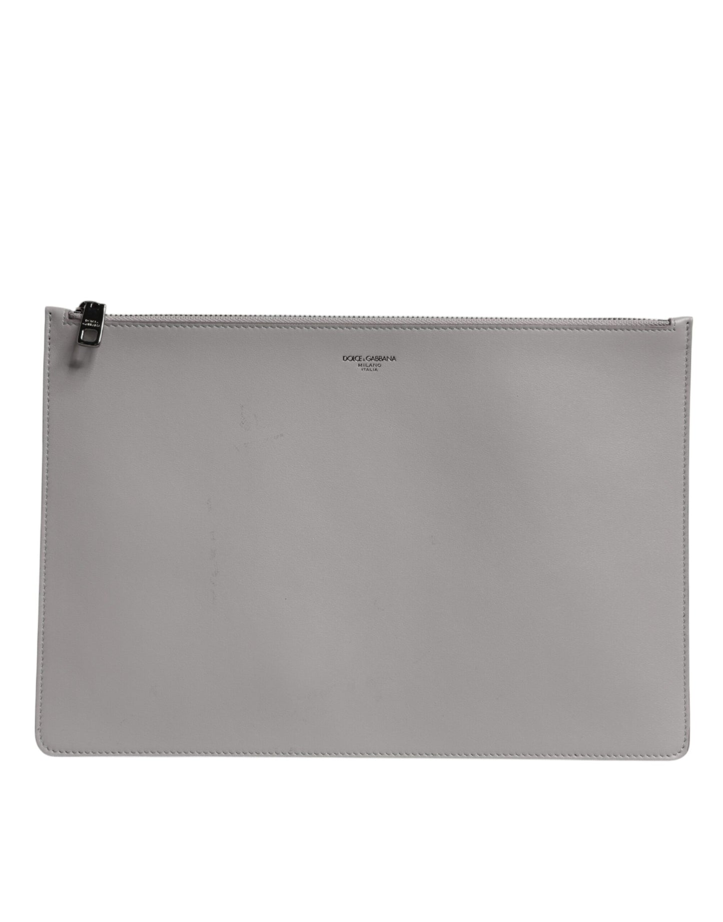 Dolce & Gabbana Gray Solid Leather DG Logo Men Clutch Zip Pouch Bag