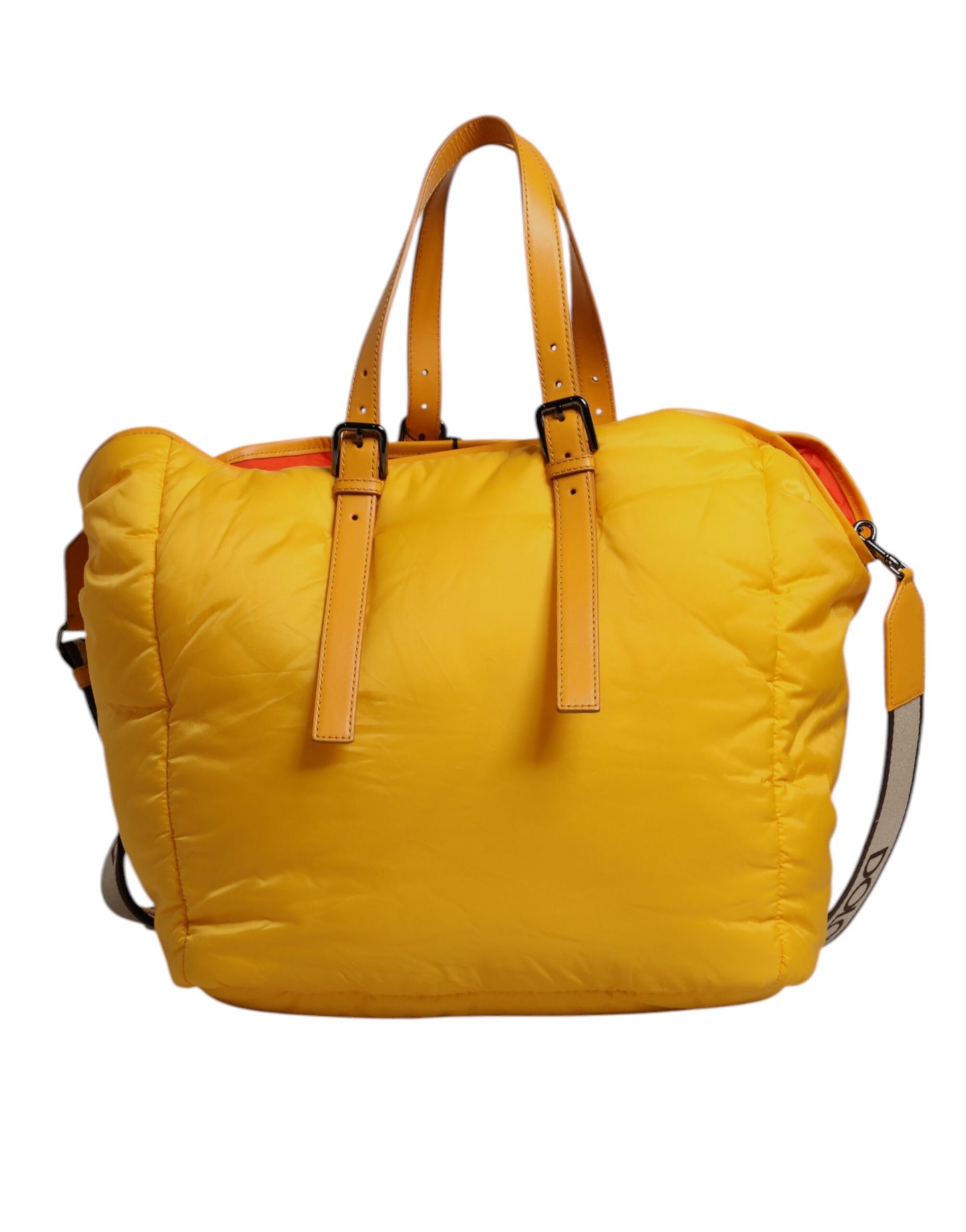 Yellow Orange Nylon Logo Plaque Hand Shoulder Duffle Bag