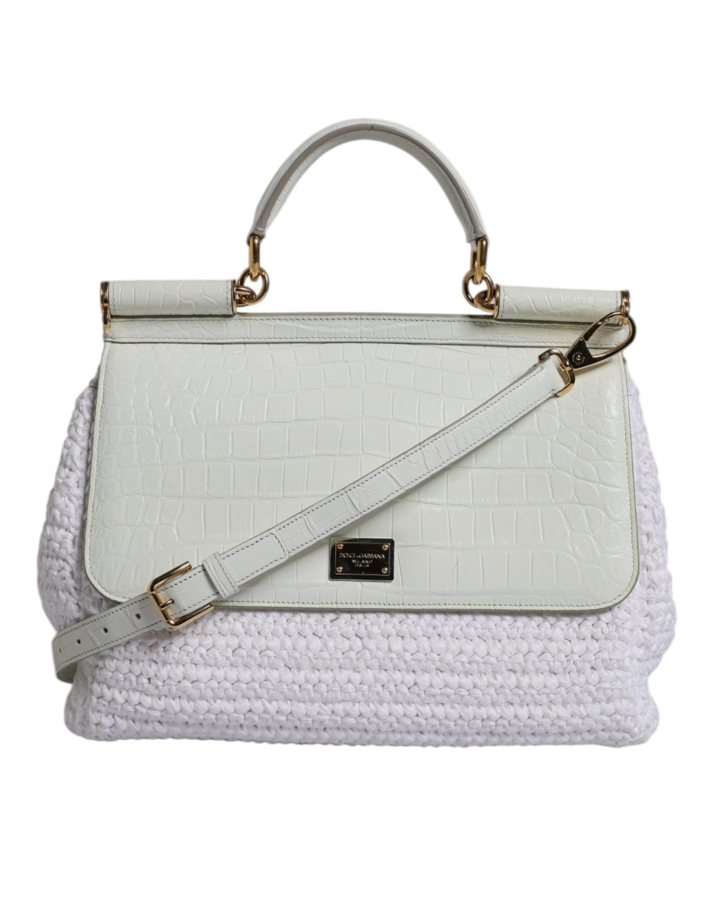 White Rafia Leather Top Handle Crossbody Bag