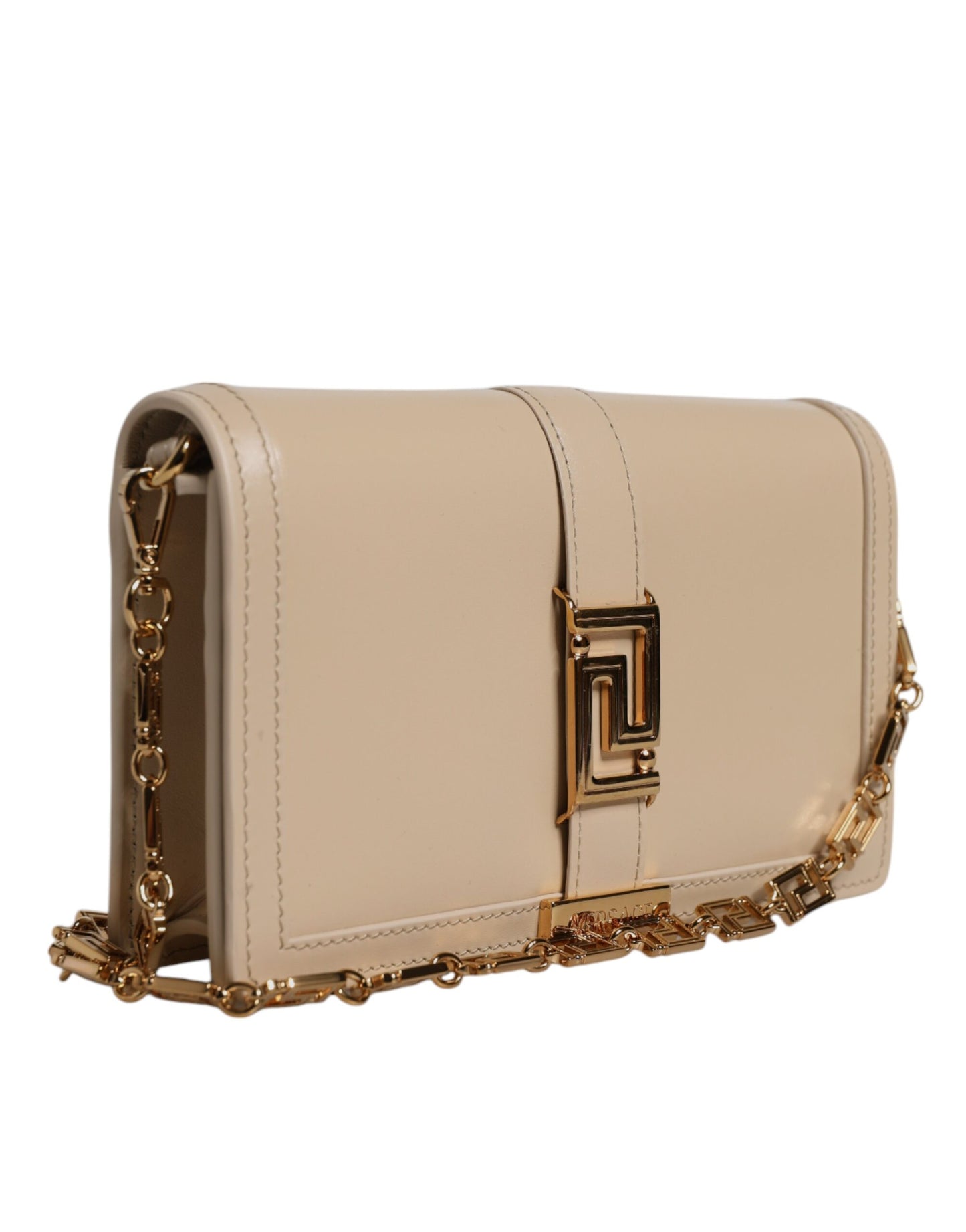 Beige Gold Chain Calf Leather Wallet Crossbody Bag