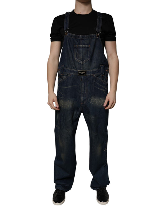 Dark Blue Cotton Men Jumpsuit Denim Jeans