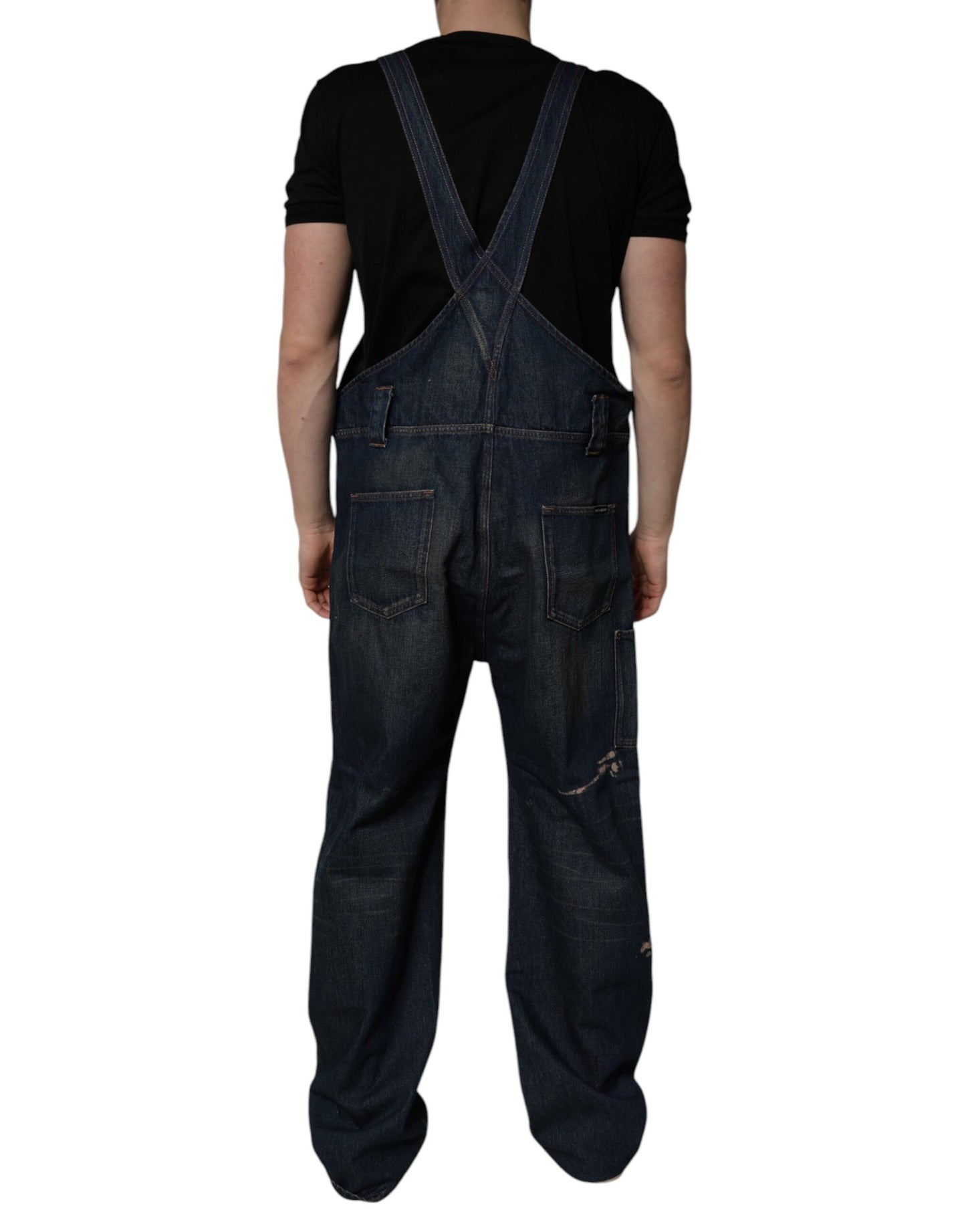 Dark Blue Cotton Men Jumpsuit Denim Jeans