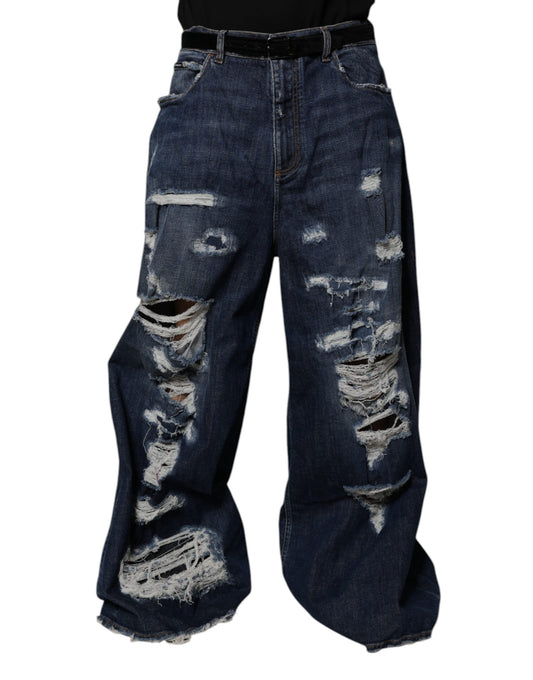 Dolce & Gabbana Dark Blue Tattered Wide Leg Men Denim Jeans