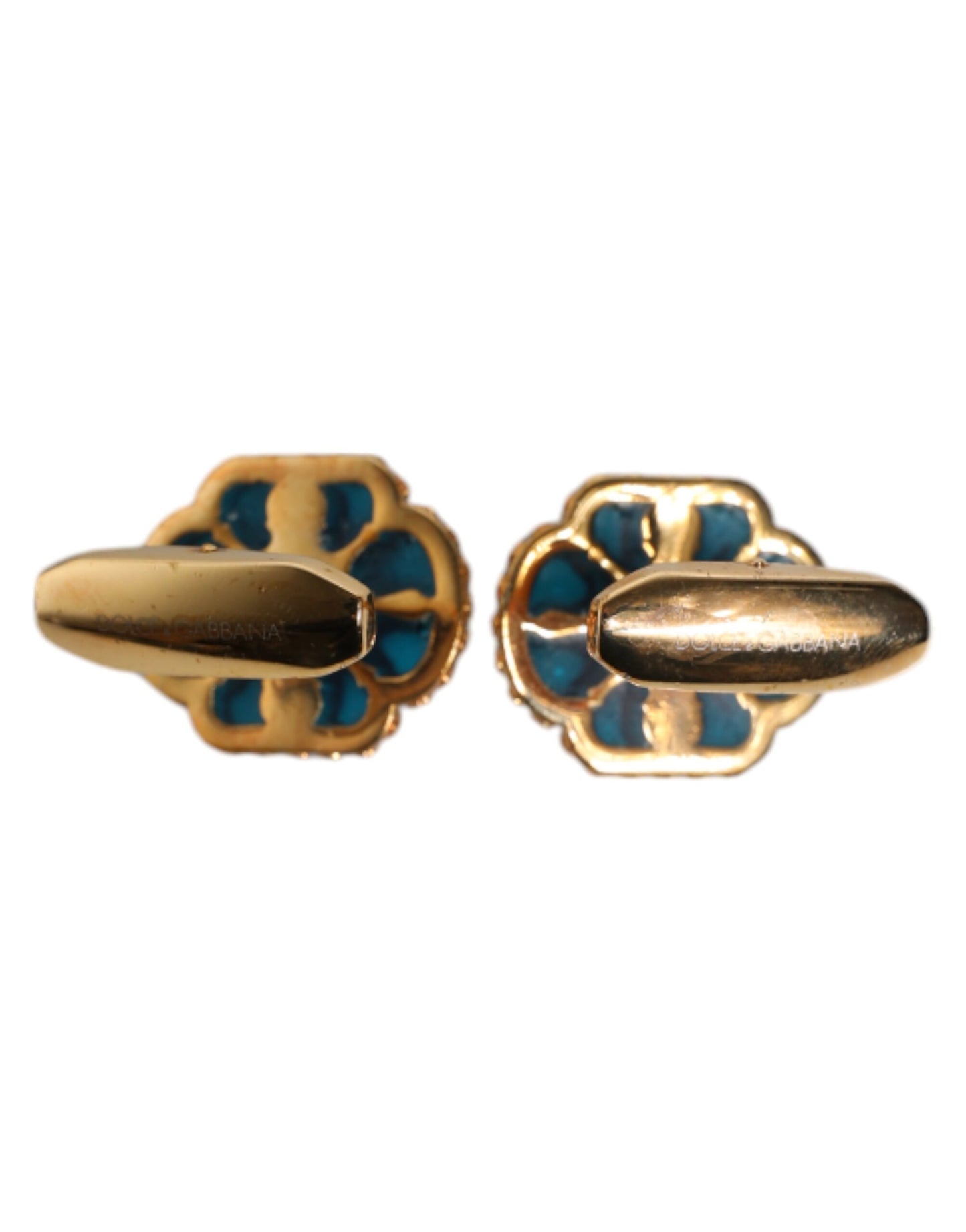 Gold Brass Blue Enameled Flower Cufflink
