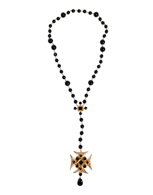 Gold Brass Black Beaded Chain Rosary Pendant Necklace