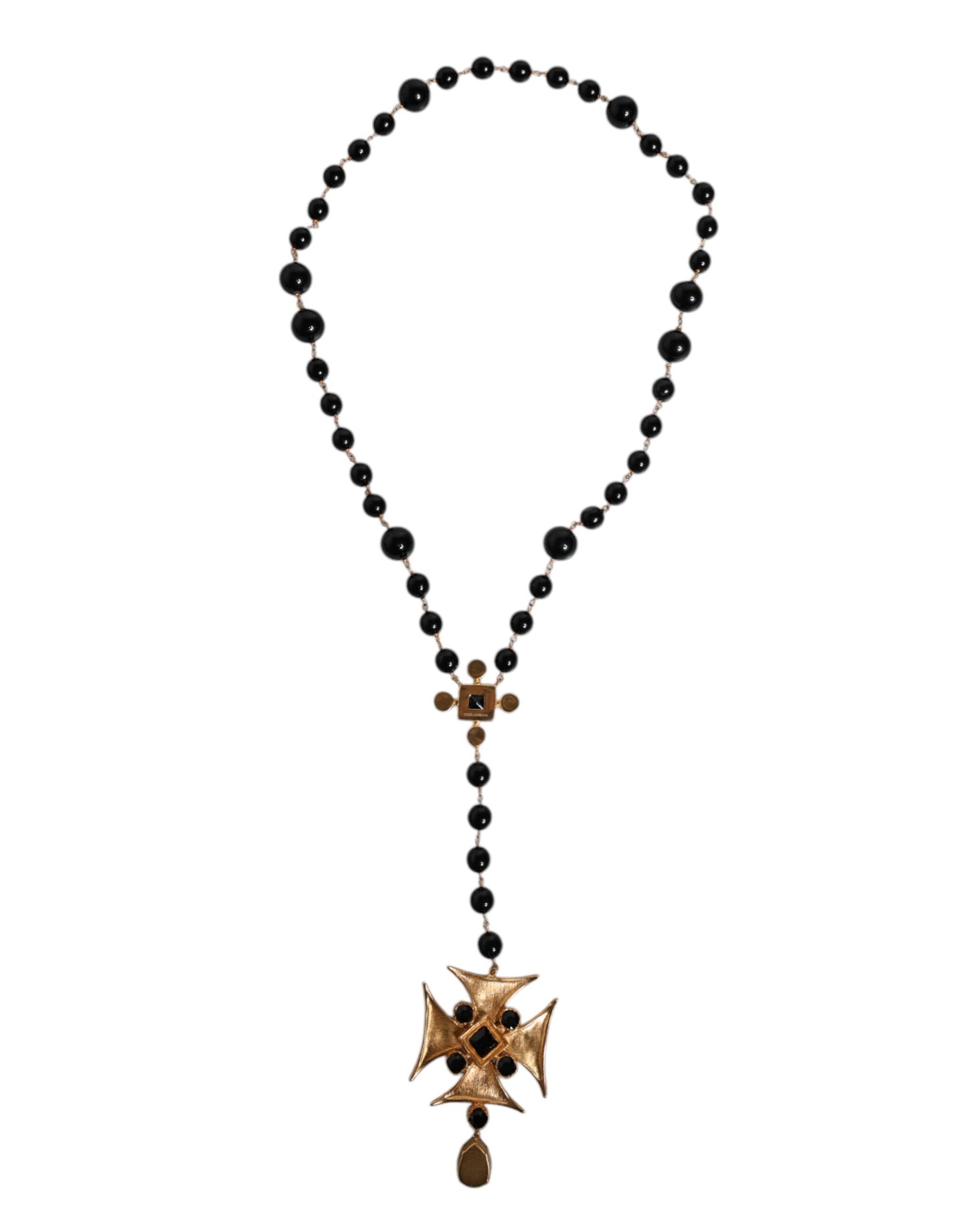 Gold Brass Black Beaded Chain Rosary Pendant Necklace