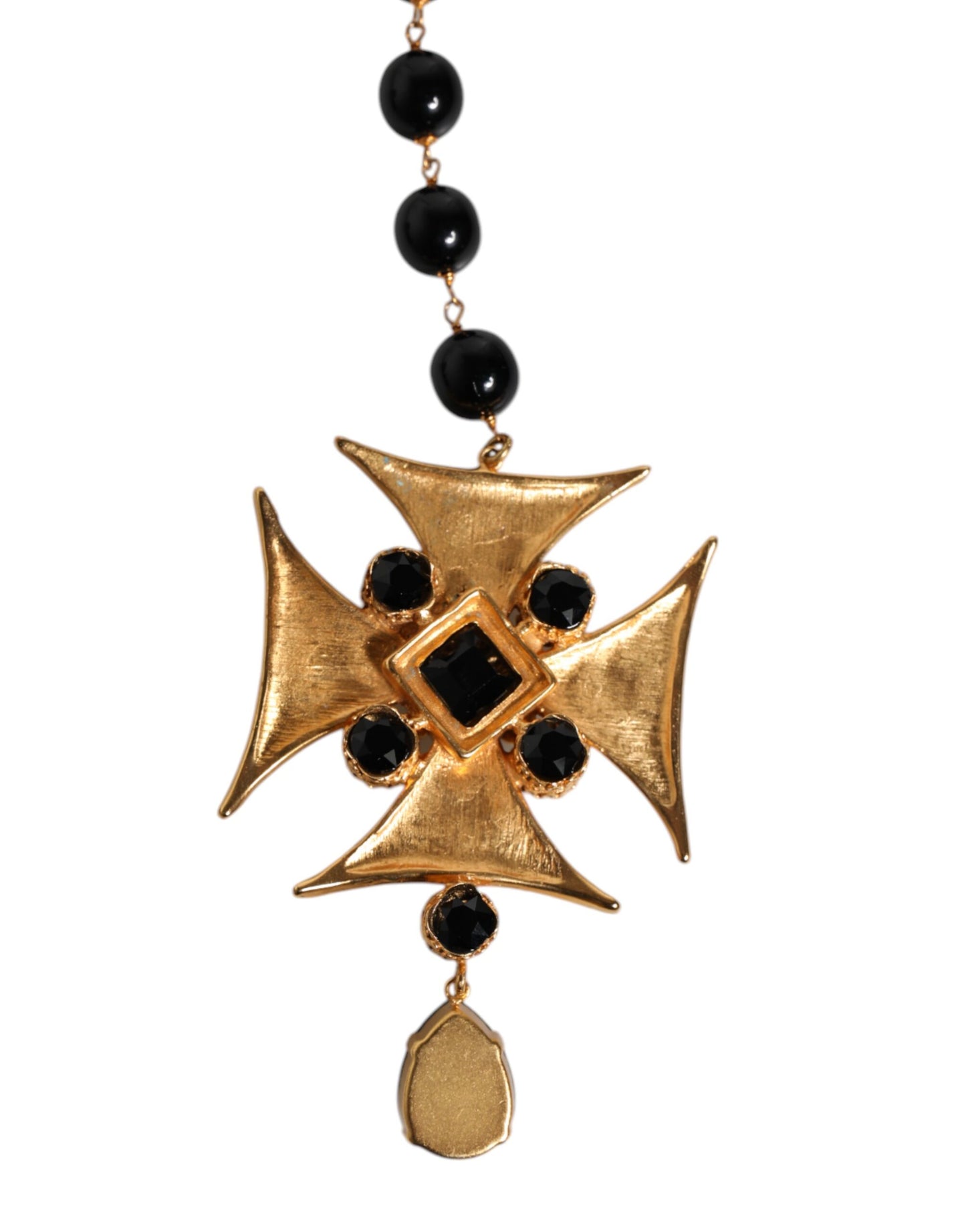 Gold Brass Black Beaded Chain Rosary Pendant Necklace
