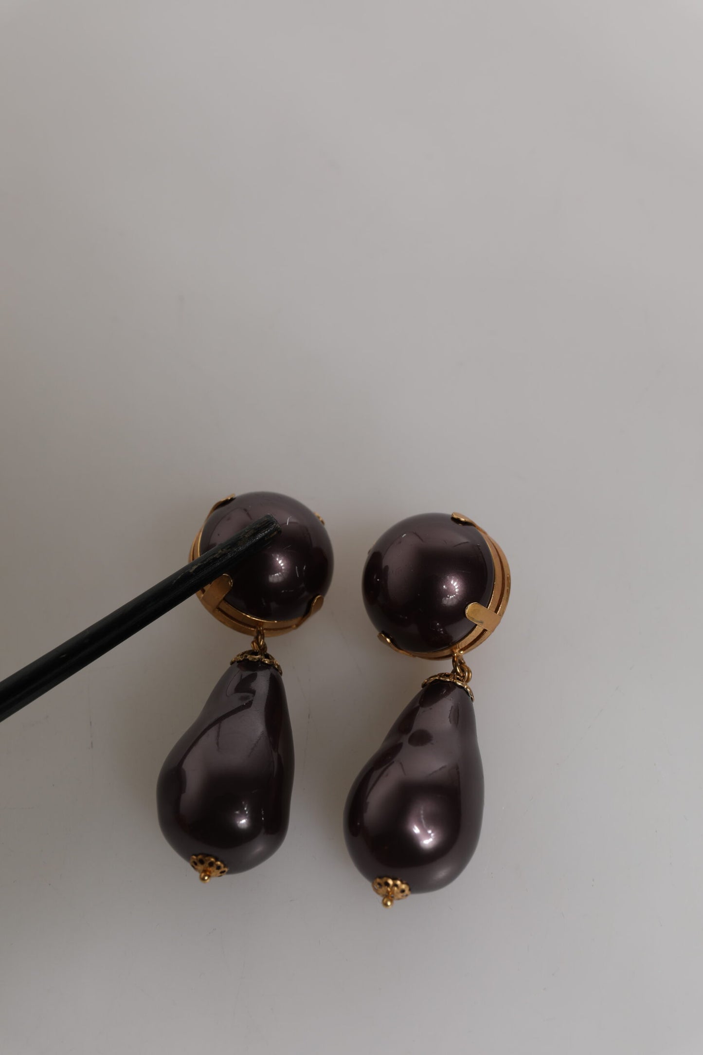 Dolce & Gabbana Gold Brass Black Pearl Clip On Dangling Jewelry Earrings