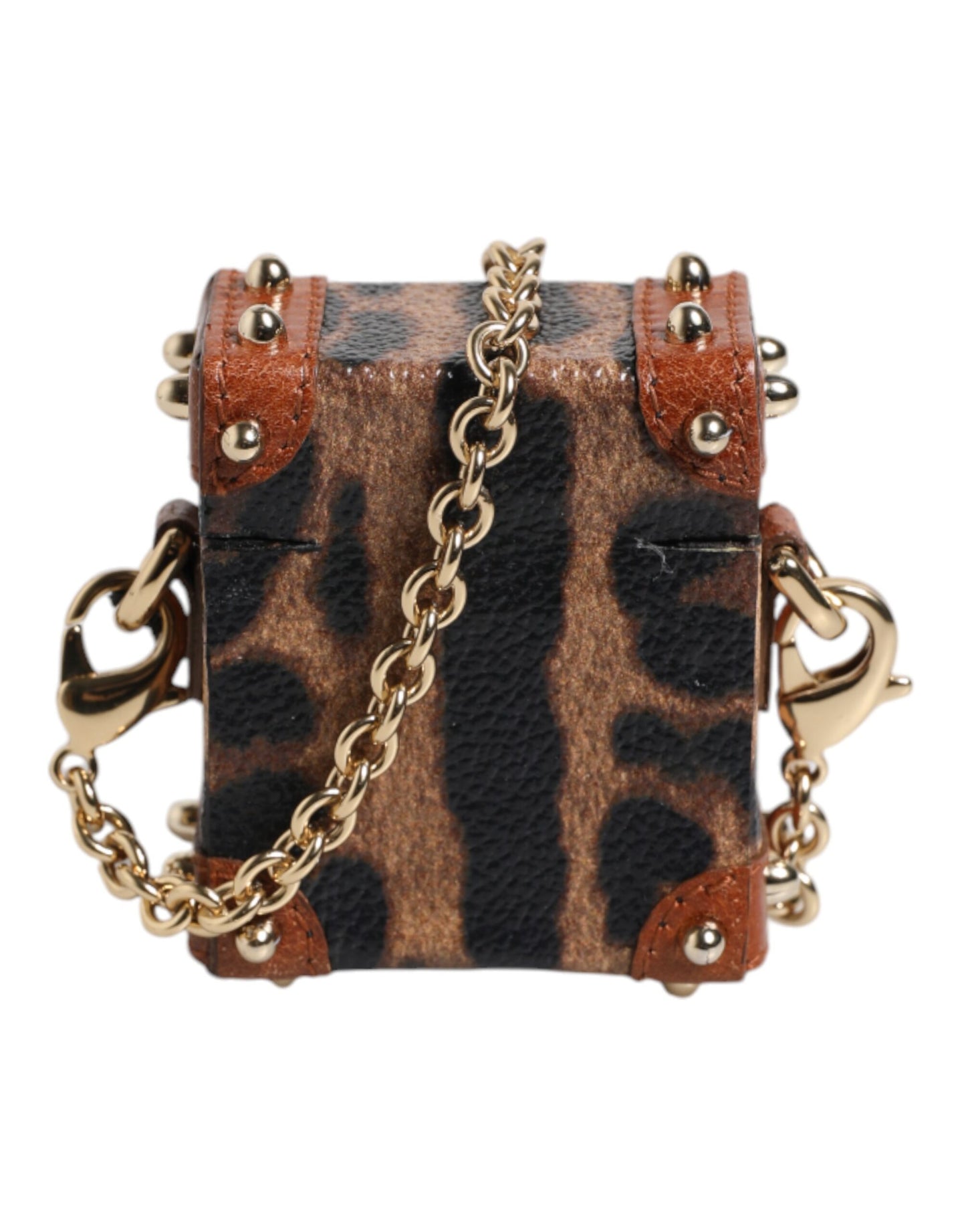 Dolce & Gabbana Brown Leopard Metal Logo Plaque Gold Chain Airpods Case